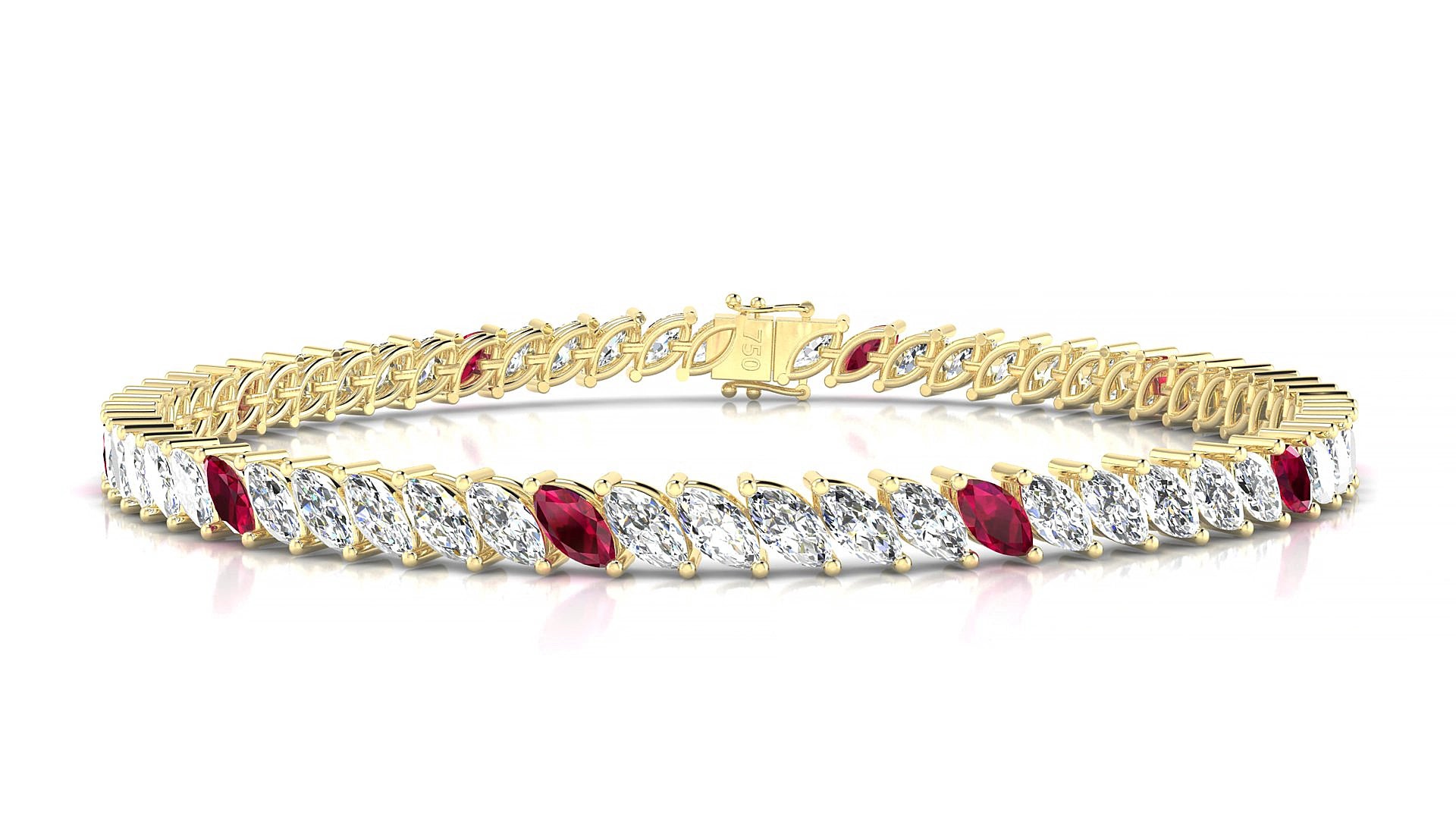 Venezia 1-5 | 18k Yellow Gold 5 x 2.5 mm Marquise Natural Ruby & Diamond 19 cm Tennis Bracelet