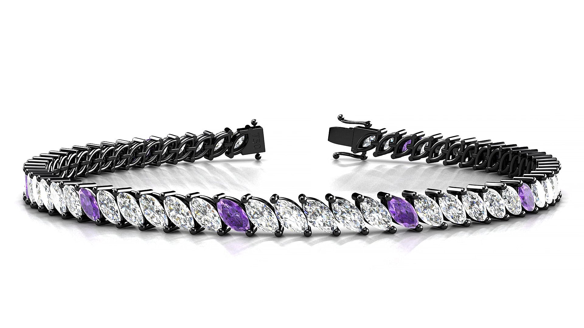 Venezia 1-5 | 18k Black Gold 5 x 2.5 mm Marquise Natural Amethyst & Diamond 18 cm Tennis Bracelet