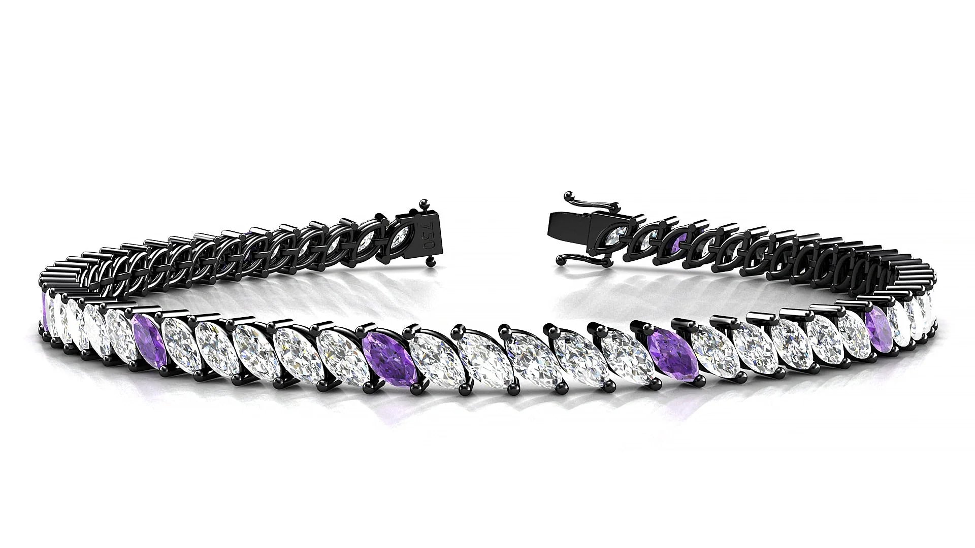 Venezia 1-5 | 18k Black Gold 5 x 2.5 mm Marquise Natural Amethyst & Diamond Tennis Bracelet