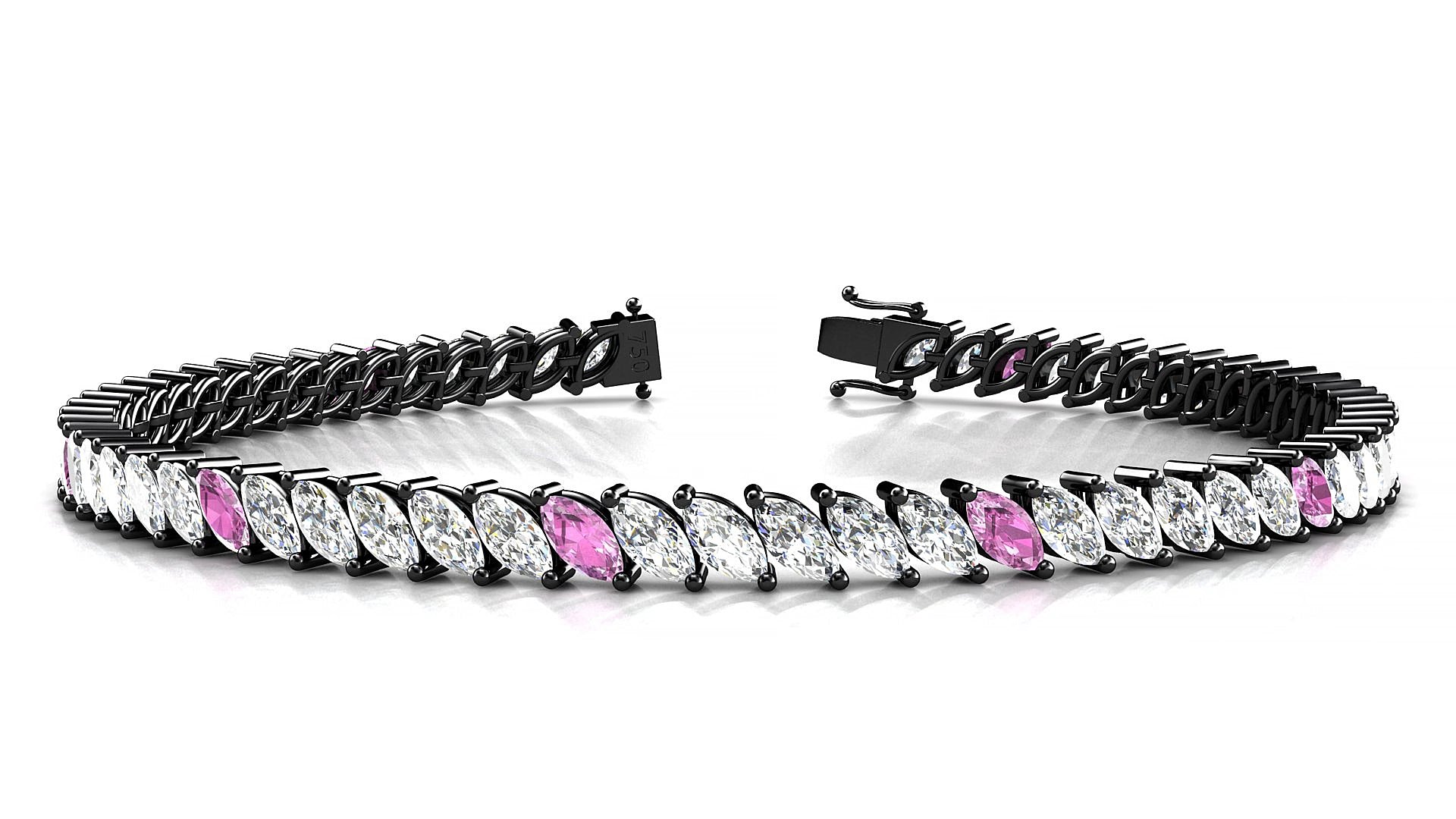 Venezia 1-5 | 18k Black Gold 5 x 2.5 mm Marquise Natural Pink Sapphire & Diamond 18 cm Tennis Bracelet