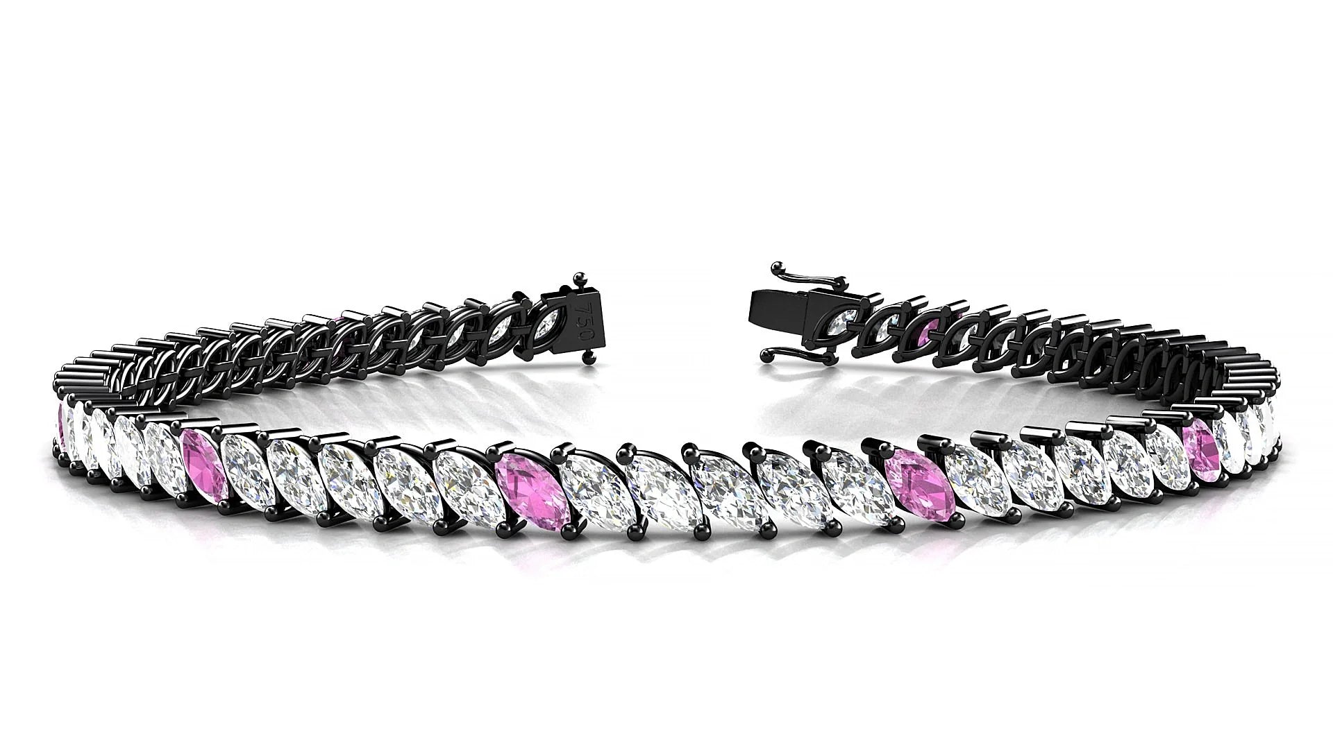 Venezia 1-5 | 18k Black Gold 5 x 2.5 mm Marquise Natural Pink Sapphire & Diamond 18 cm Tennis Bracelet