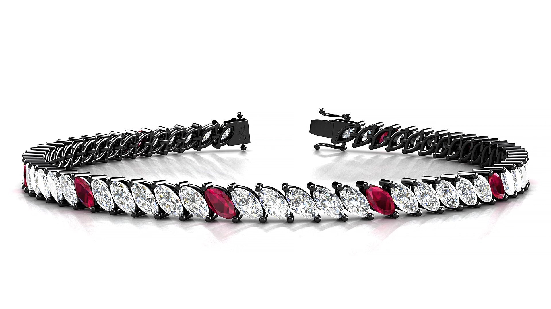 Venezia 1-5 | 18k Black Gold 5 x 2.5 mm Marquise Natural Ruby & Diamond 20 cm Tennis Bracelet