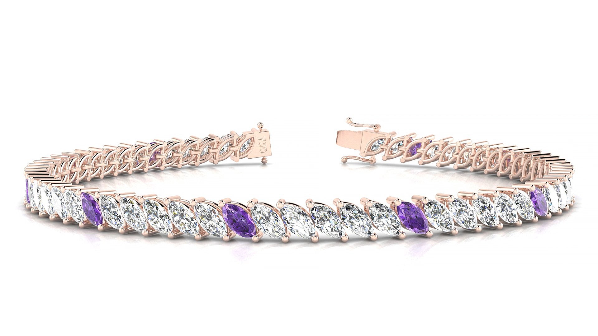 Venezia 1-5 | 18k Rose Gold 5 x 2.5 mm Marquise Natural Amethyst & Diamond 18 cm Tennis Bracelet