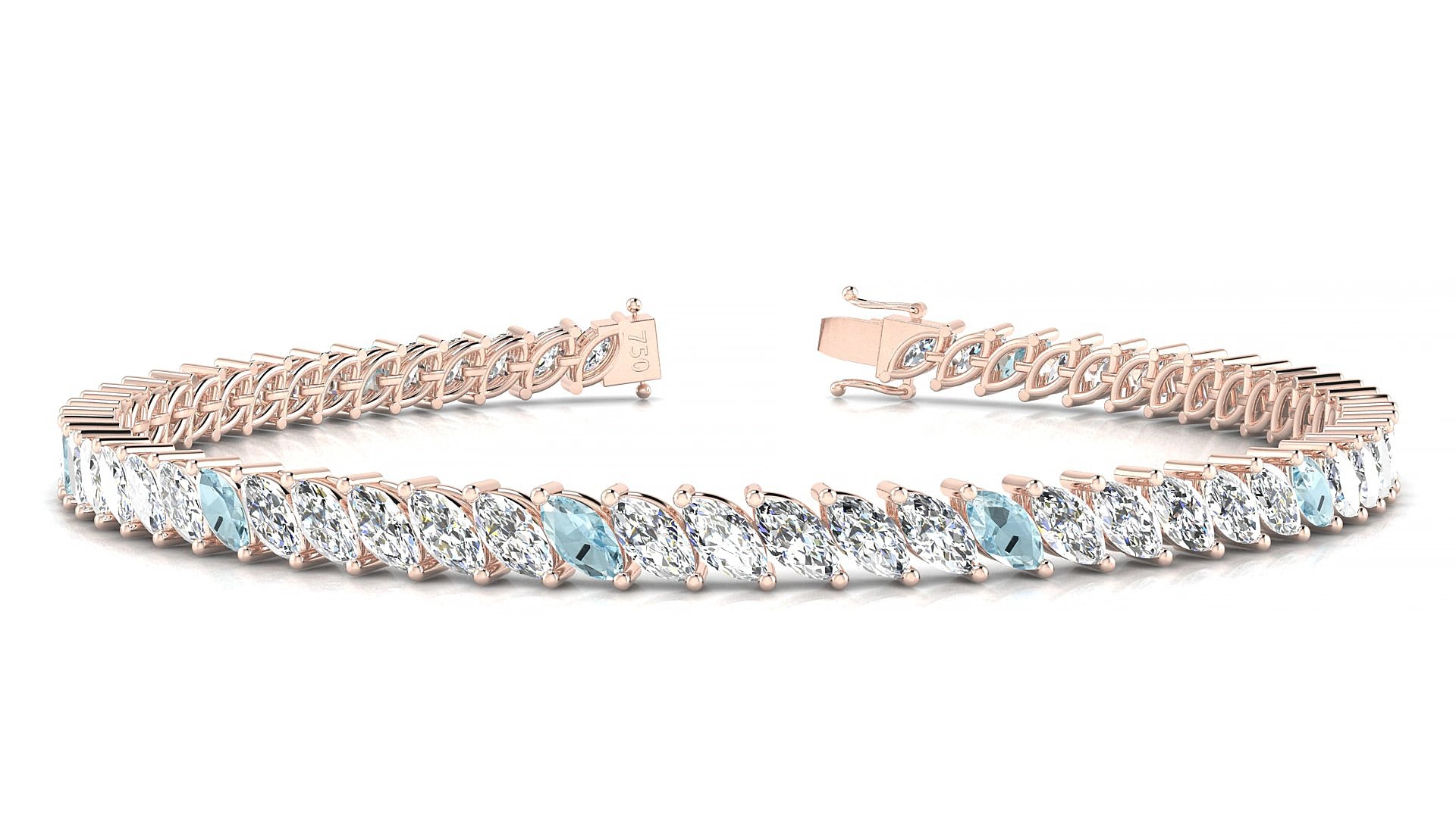 Venezia 1-5 | 18k Rose Gold 5 x 2.5 mm Marquise Natural Aquamarine & Diamond 15 cm Tennis Bracelet