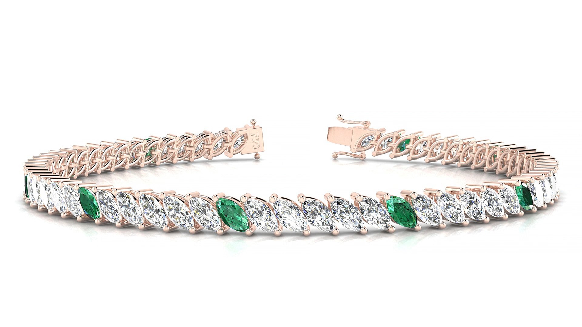 Venezia 1-5 | 18k Rose Gold 5 x 2.5 mm Marquise Natural Emerald & Diamond 17 cm Tennis Bracelet