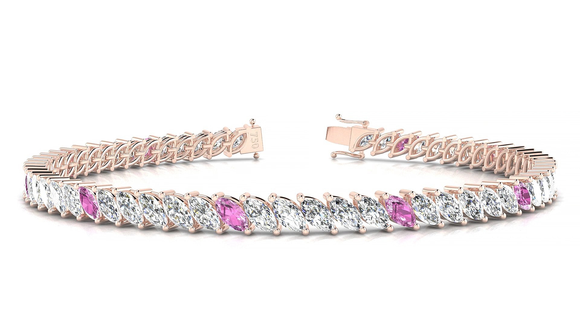 Venezia 1-5 | 18k Rose Gold 5 x 2.5 mm Marquise Natural Pink Sapphire & Diamond 17 cm Tennis Bracelet