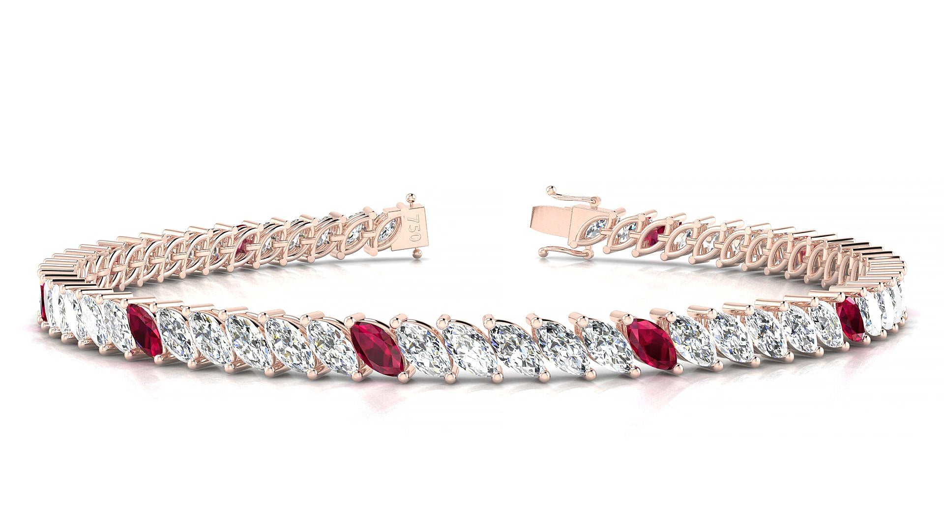 Venezia 1-5 | 18k Rose Gold 5 x 2.5 mm Marquise Natural Ruby & Diamond 19 cm Tennis Bracelet