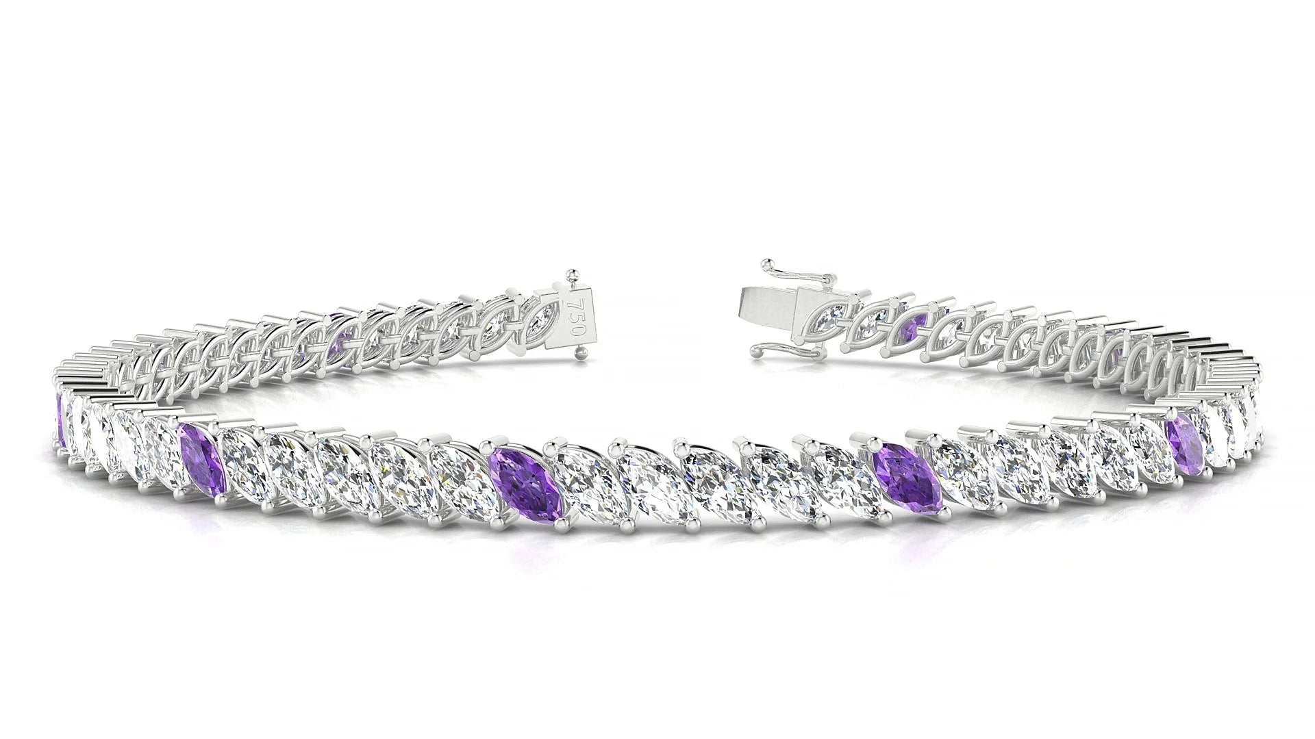 Venezia 1-5 | 18k White Gold 5 x 2.5 mm Marquise Natural Amethyst & Diamond Tennis Bracelet