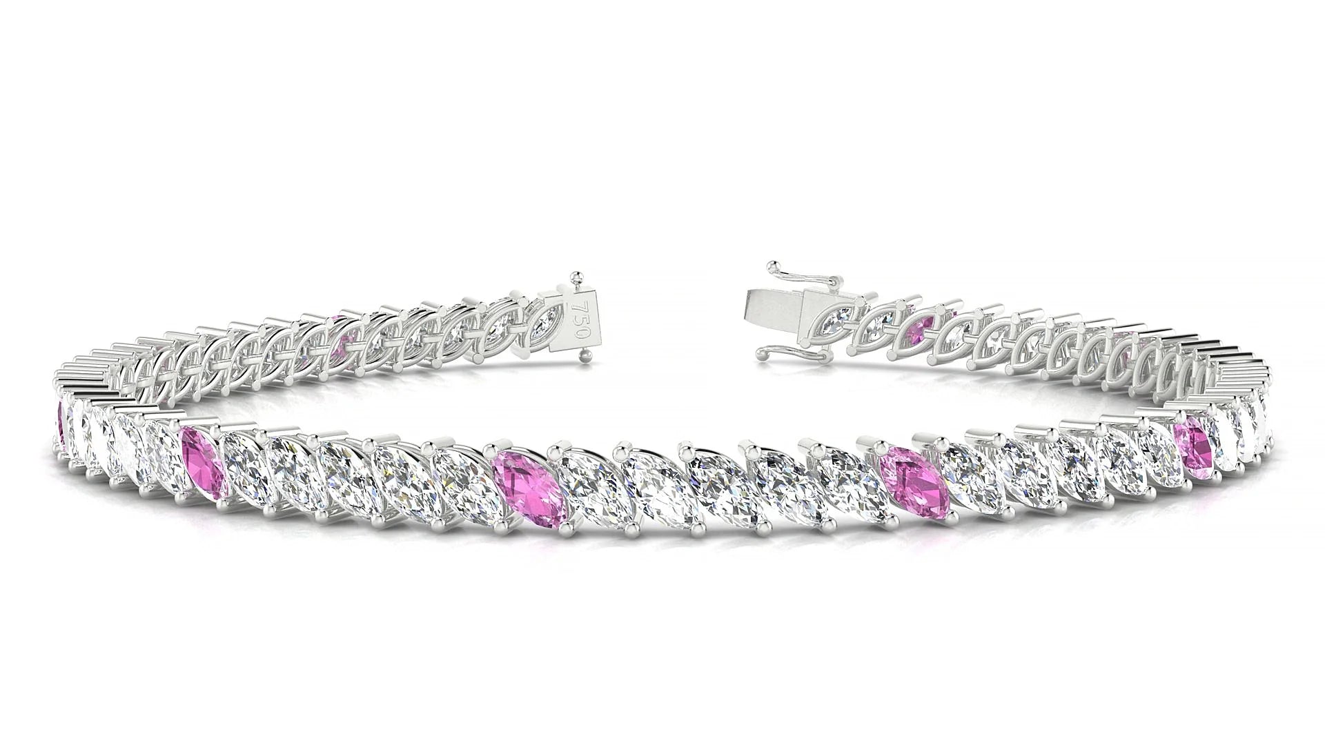 Venezia 1-5 | 18k White Gold 5 x 2.5 mm Marquise Natural Pink Sapphire & Diamond 18 cm Tennis Bracelet