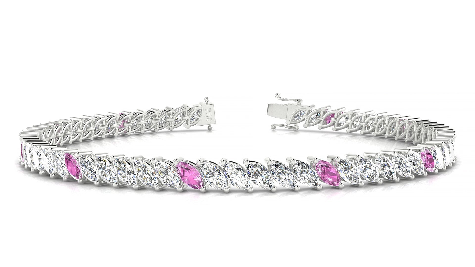 Venezia 1-5 | 18k White Gold 5 x 2.5 mm Marquise Natural Pink Sapphire & Diamond 20 cm Tennis Bracelet