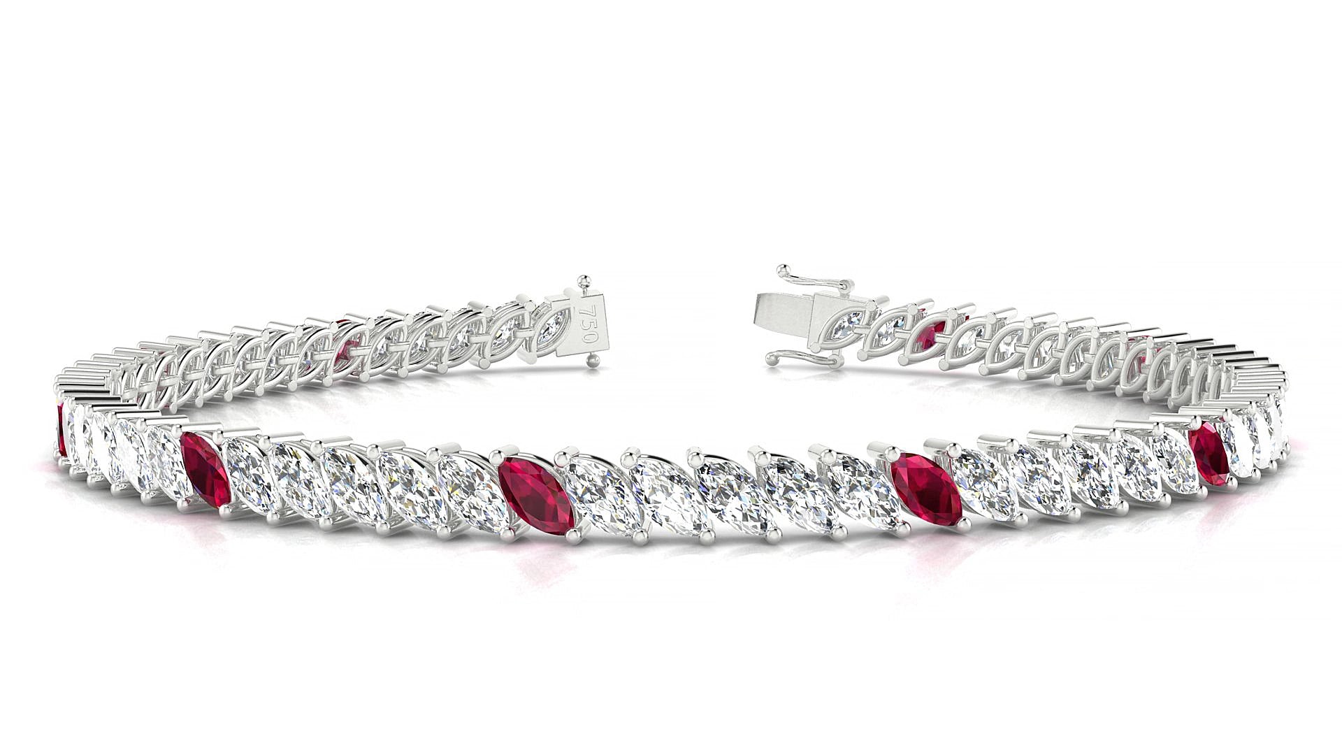 Venezia 1-5 | 18k White Gold 5 x 2.5 mm Marquise Natural Ruby & Diamond 15 cm Tennis Bracelet