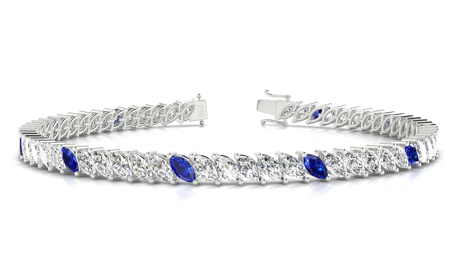 Venezia 1-5 | 18k White Gold 5 x 2.5 mm Marquise Natural Sapphire & Diamond 19 cm Tennis Bracelet