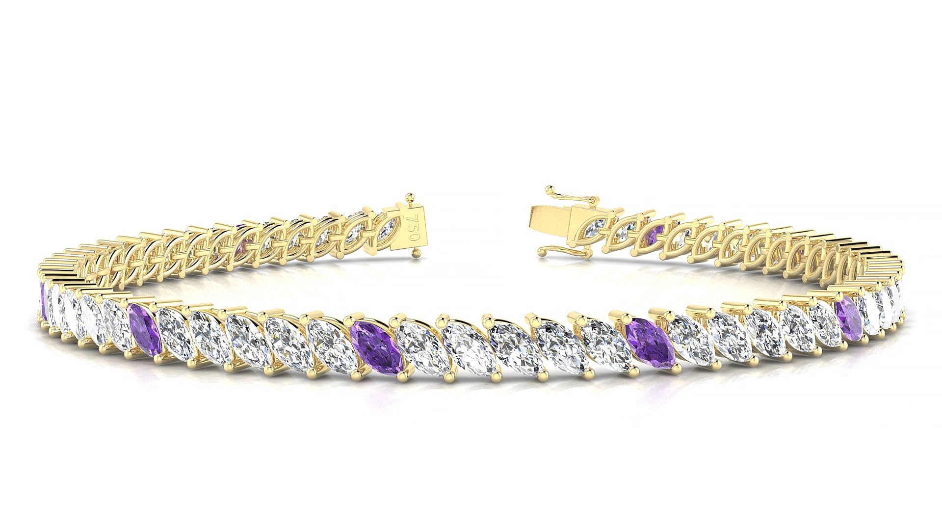 Venezia 1-5 | 18k Yellow Gold 5 x 2.5 mm Marquise Natural Amethyst & Diamond 17 cm Tennis Bracelet
