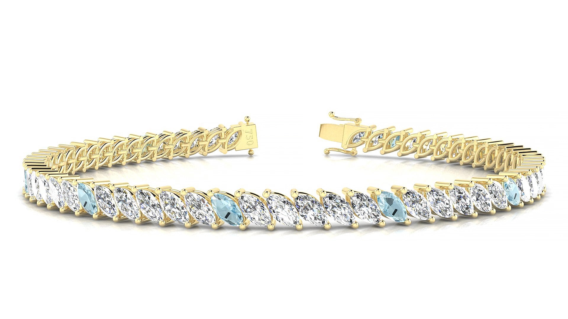 Venezia 1-5 | 18k Yellow Gold 5 x 2.5 mm Marquise Natural Aquamarine & Diamond 18 cm Tennis Bracelet