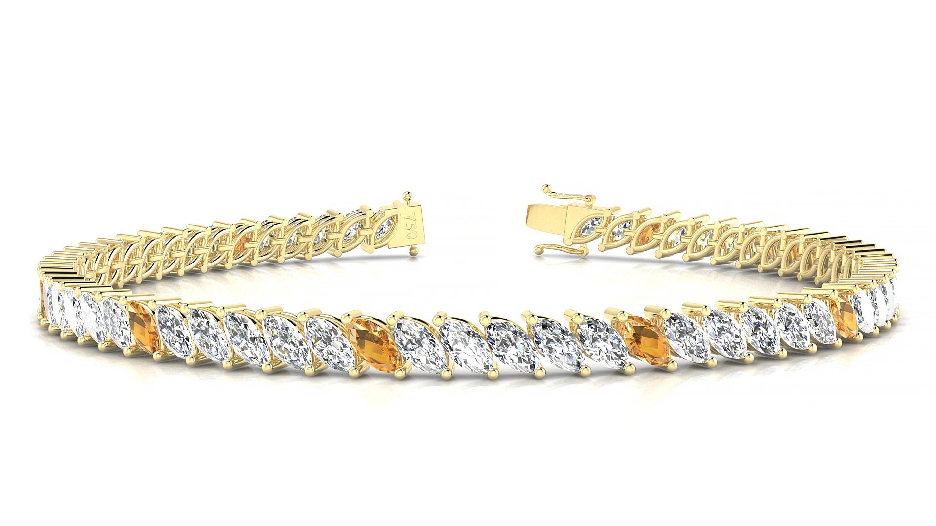 Venezia 1-5 | 18k Yellow Gold 5 x 2.5 mm Marquise Natural Citrine & Diamond 16 cm Tennis Bracelet
