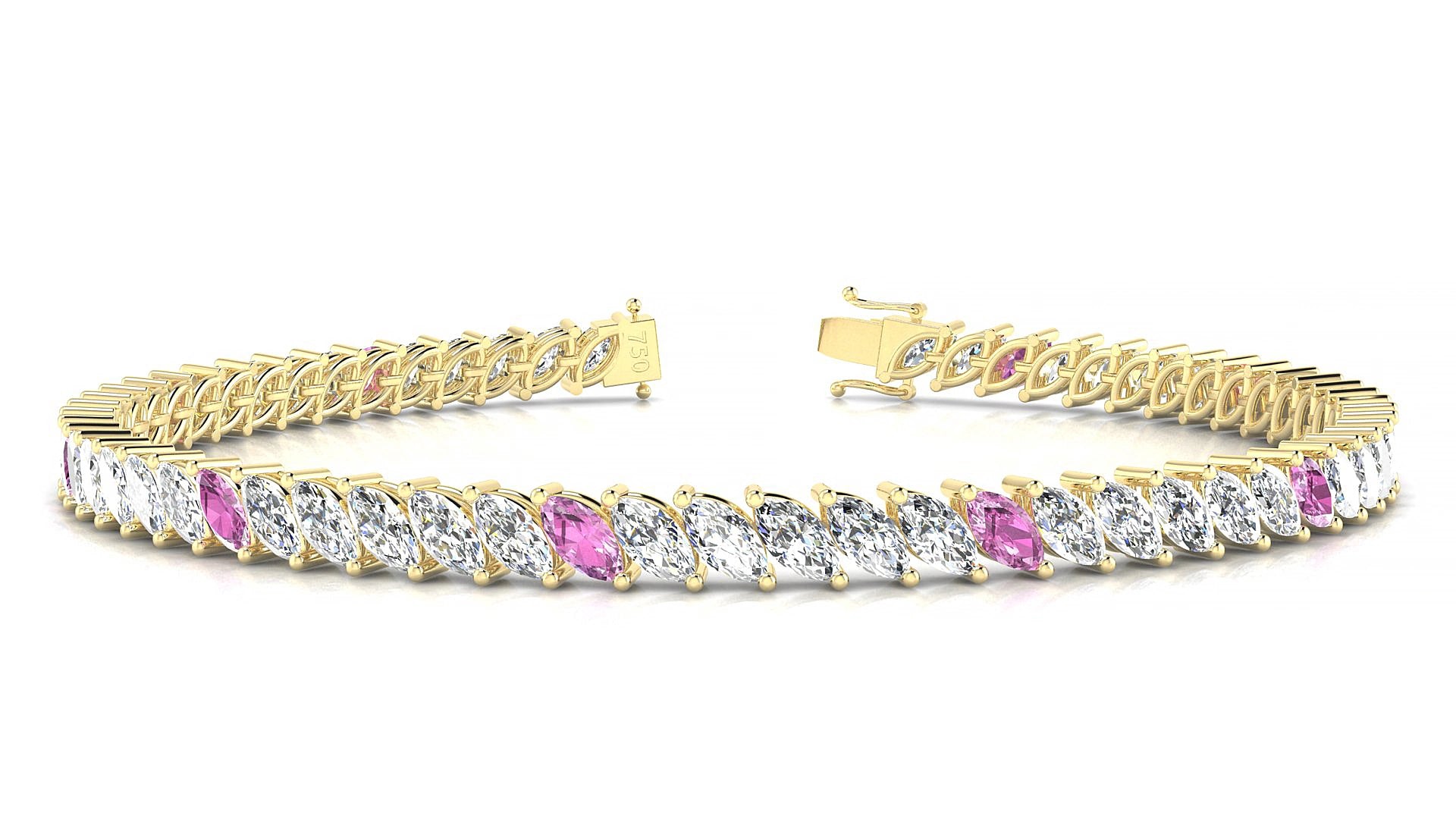 Venezia 1-5 | 18k Yellow Gold 5 x 2.5 mm Marquise Natural Pink Sapphire & Diamond 15 cm Tennis Bracelet