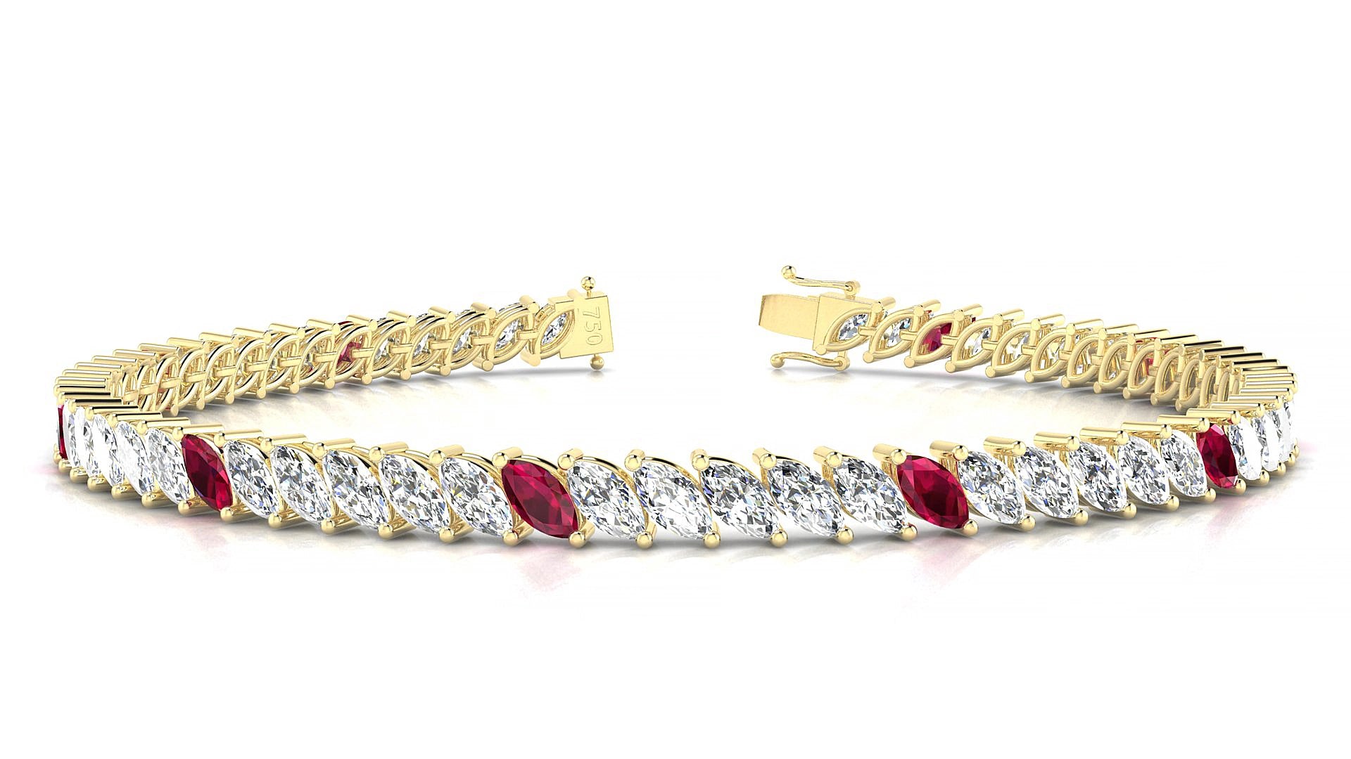Venezia 1-5 | 18k Yellow Gold 5 x 2.5 mm Marquise Natural Ruby & Diamond 15 cm Tennis Bracelet