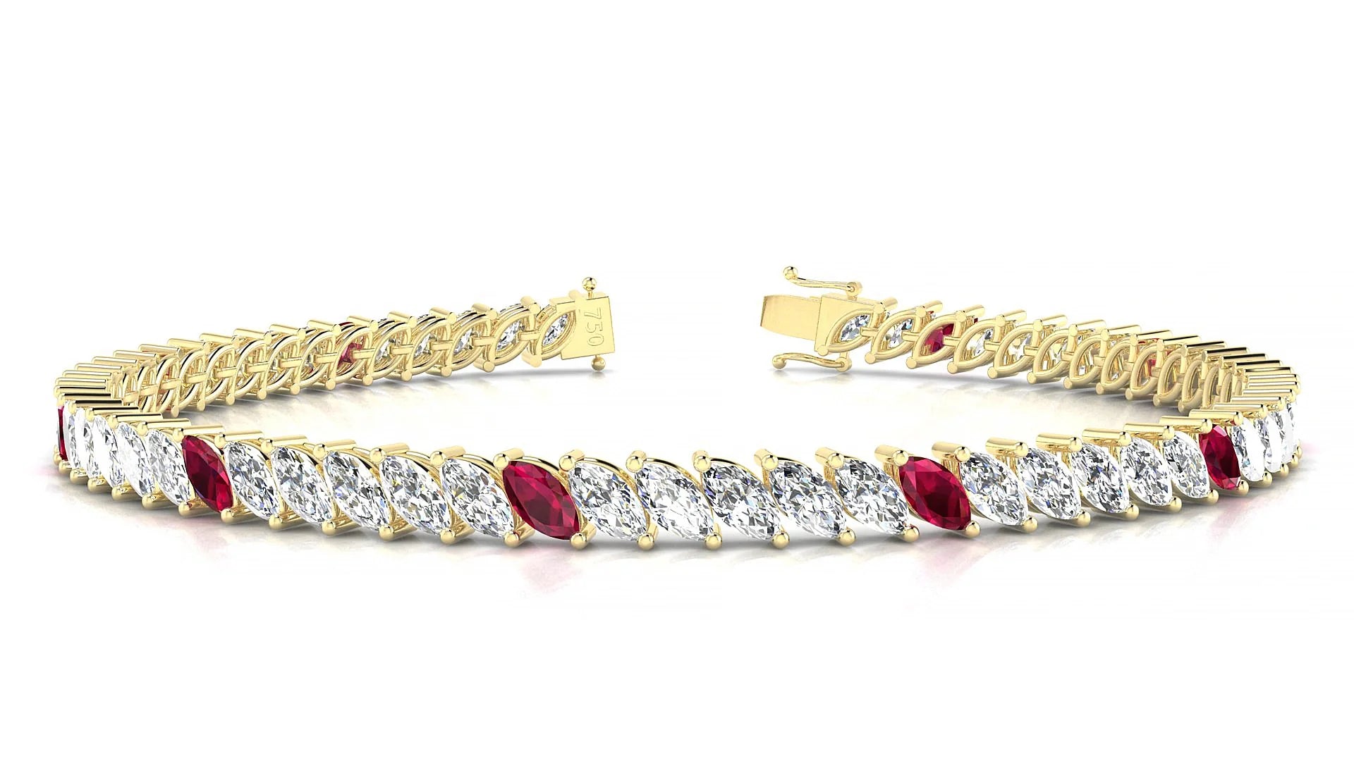 Venezia 1-5 | 18k Yellow Gold 5 x 2.5 mm Marquise Natural Ruby & Diamond 18 cm Tennis Bracelet