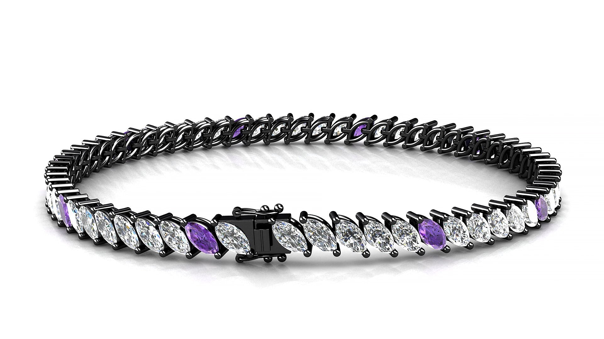 Venezia 1-5 | 18k Black Gold 5 x 2.5 mm Marquise Natural Amethyst & Diamond 19 cm Tennis Bracelet
