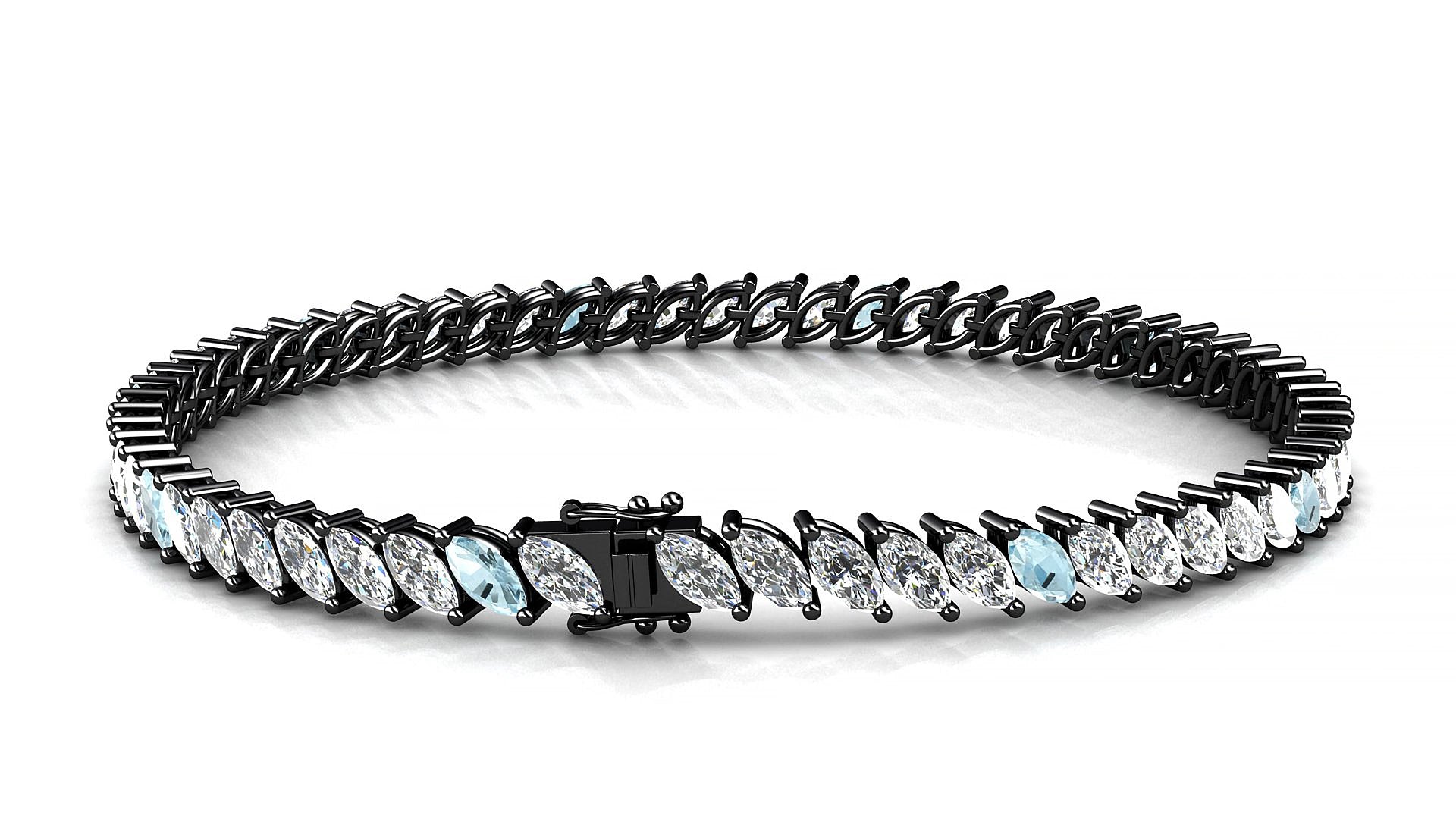 Venezia 1-5 | 18k Black Gold 5 x 2.5 mm Marquise Natural Aquamarine & Diamond 15 cm Tennis Bracelet