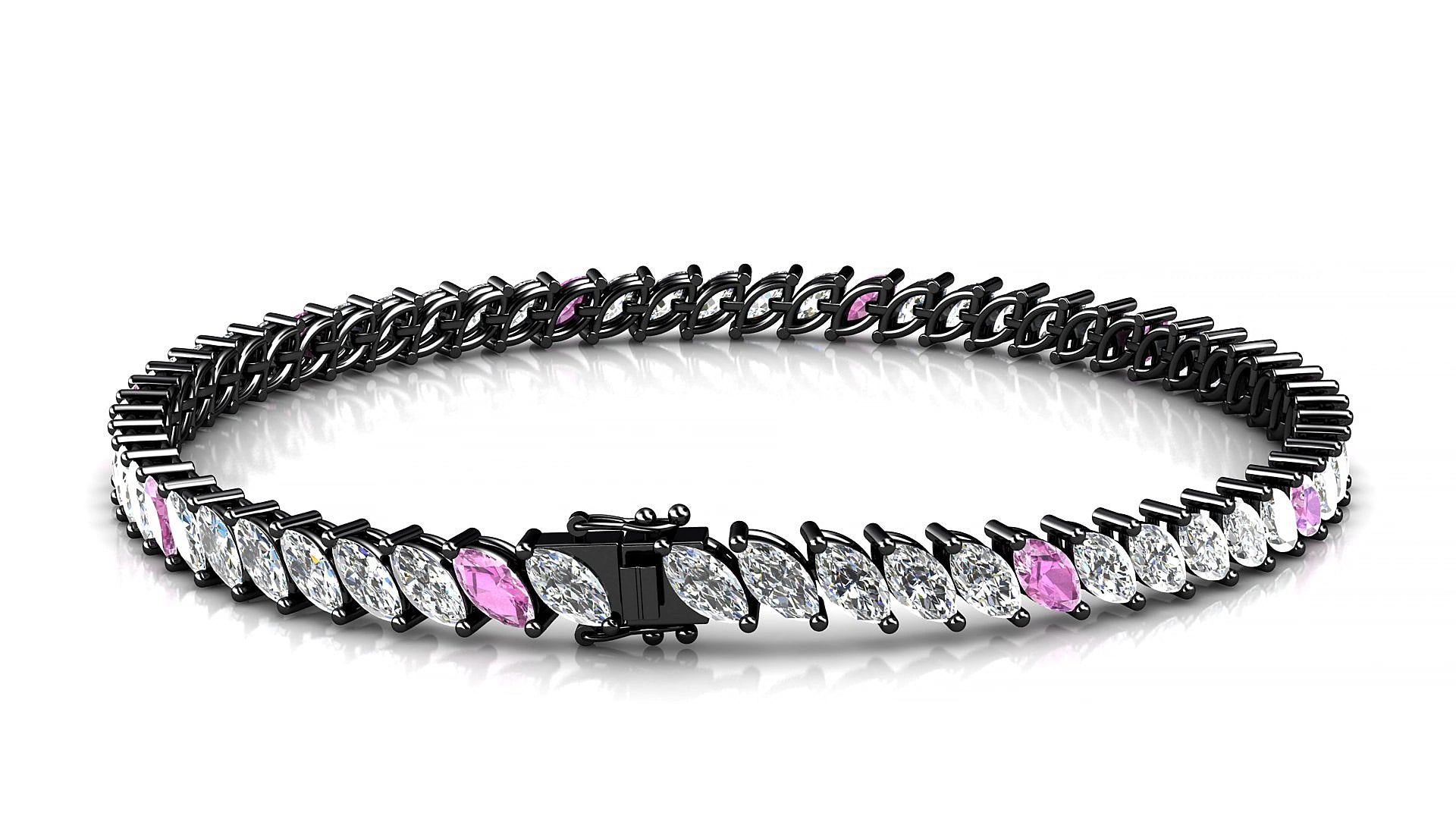 Venezia 1-5 | 18k Black Gold 5 x 2.5 mm Marquise Natural Pink Sapphire & Diamond 17 cm Tennis Bracelet