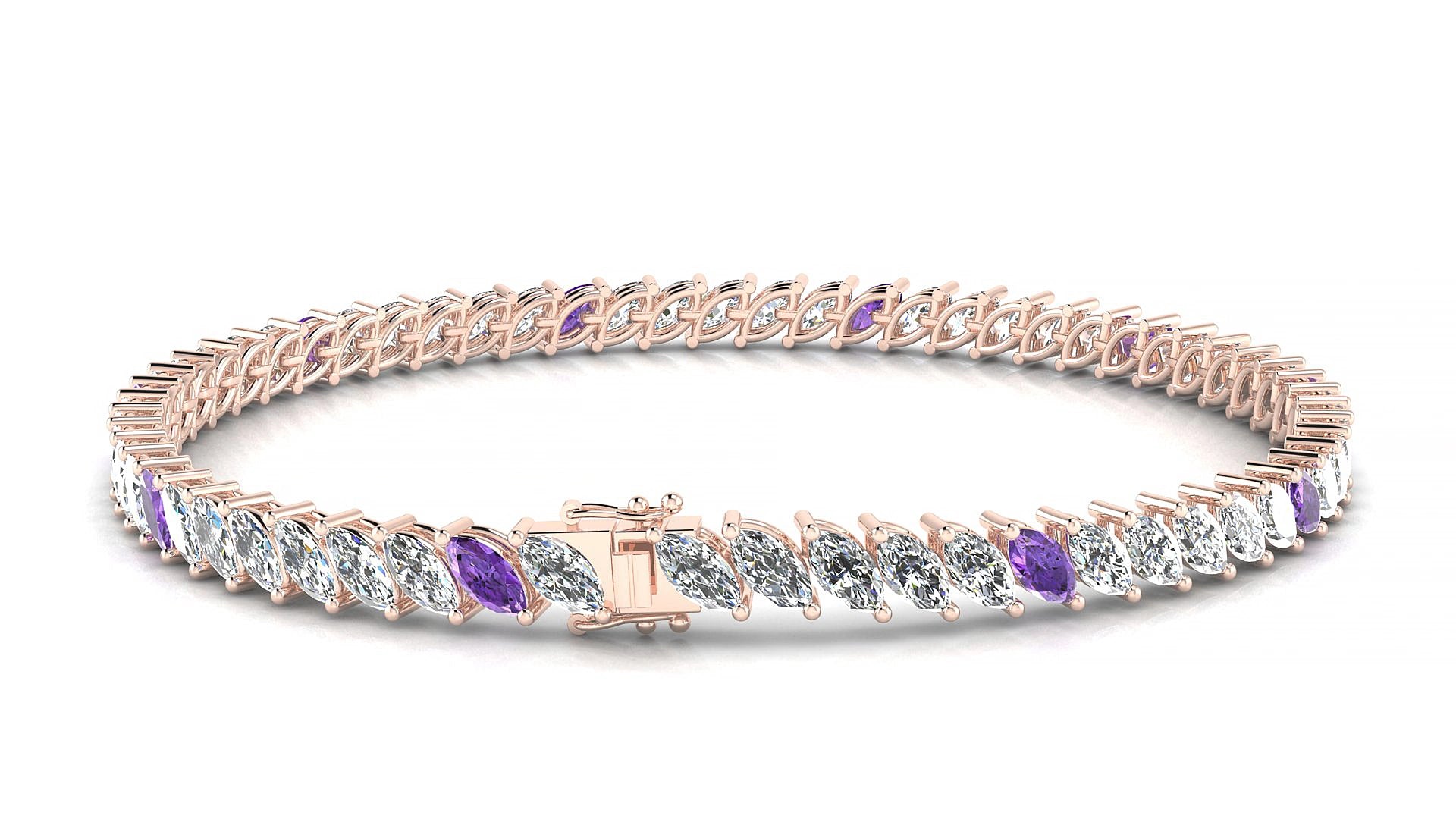 Venezia 1-5 | 18k Rose Gold 5 x 2.5 mm Marquise Natural Amethyst & Diamond 18 cm Tennis Bracelet
