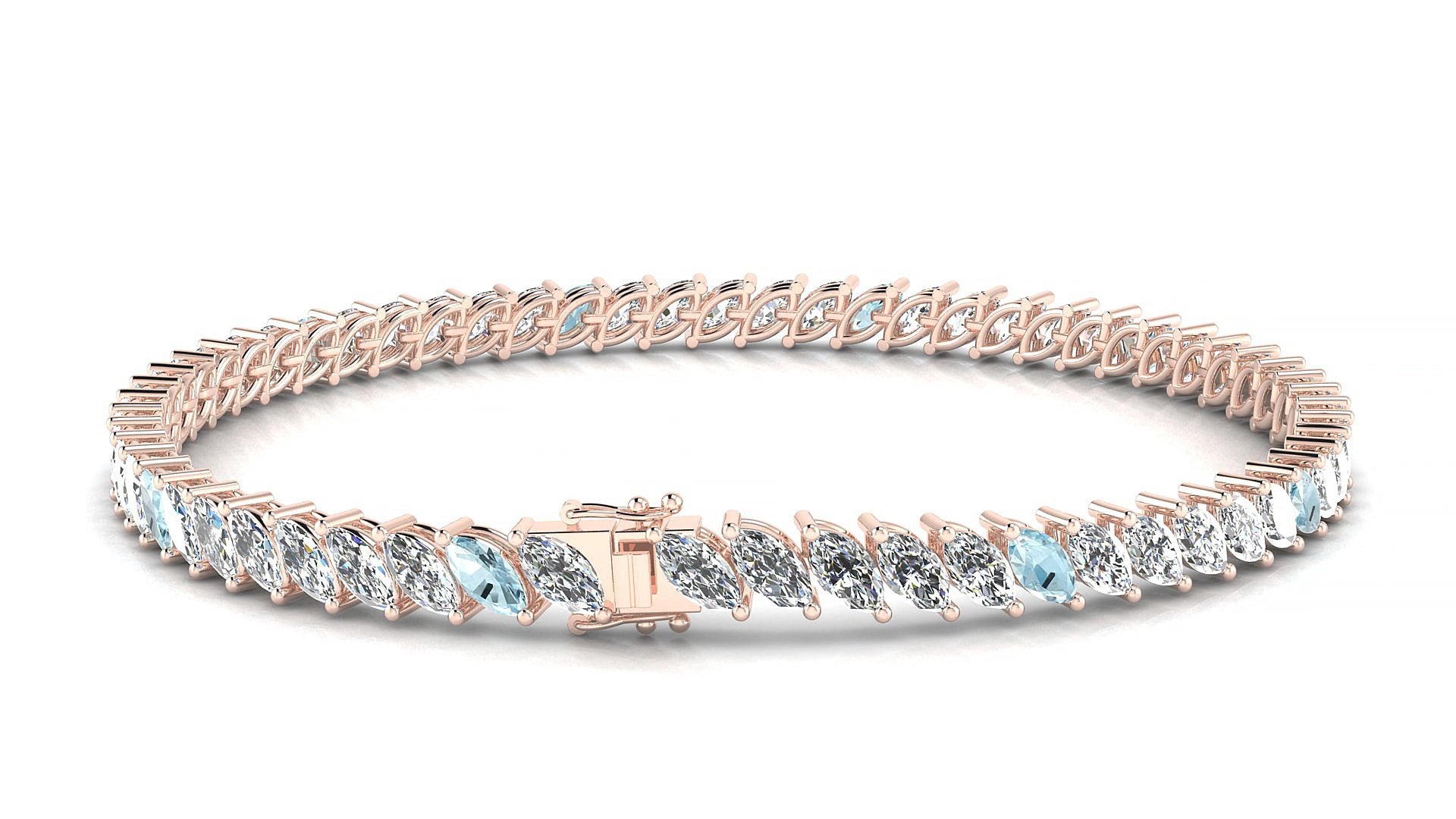 Venezia 1-5 | 18k Rose Gold 5 x 2.5 mm Marquise Natural Aquamarine & Diamond 15 cm Tennis Bracelet