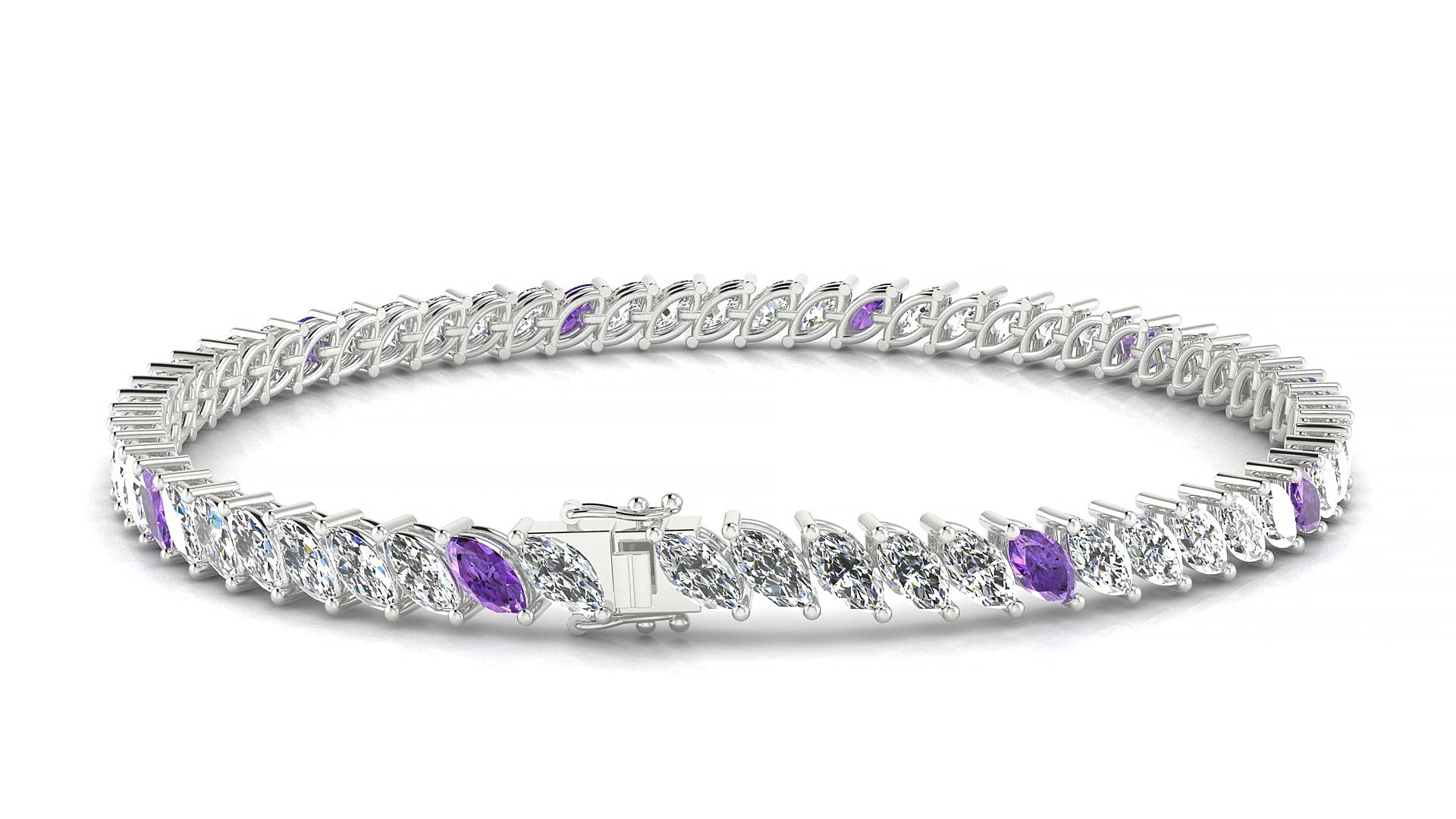 Venezia 1-5 | 18k White Gold 5 x 2.5 mm Marquise Natural Amethyst & Diamond 18 cm Tennis Bracelet