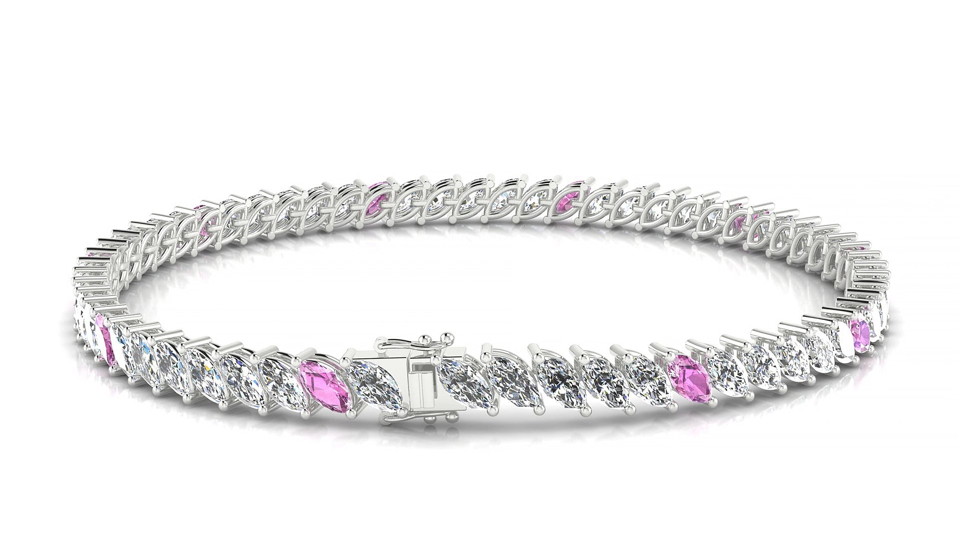 Venezia 1-5 | 18k White Gold 5 x 2.5 mm Marquise Natural Pink Sapphire & Diamond 17 cm Tennis Bracelet