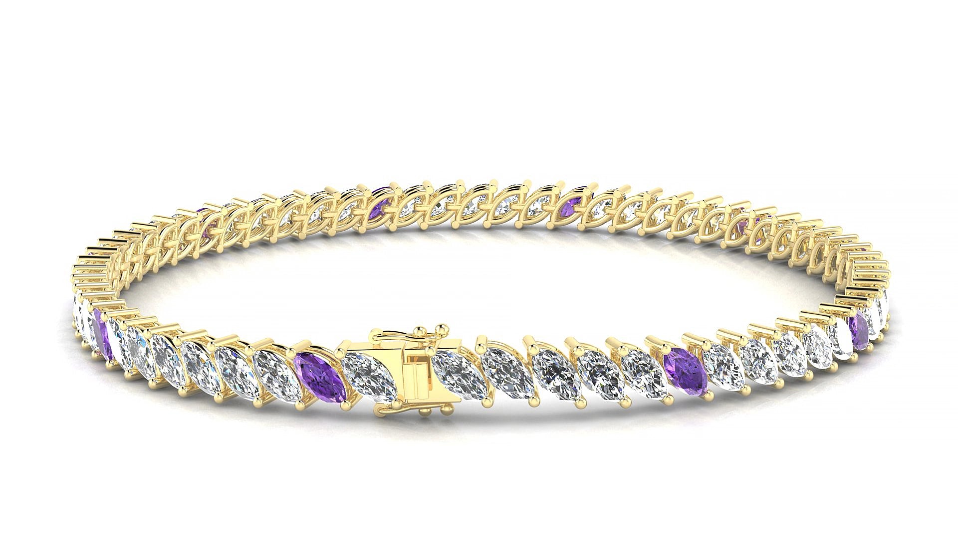 Venezia 1-5 | 18k Yellow Gold 5 x 2.5 mm Marquise Natural Amethyst & Diamond 15 cm Tennis Bracelet