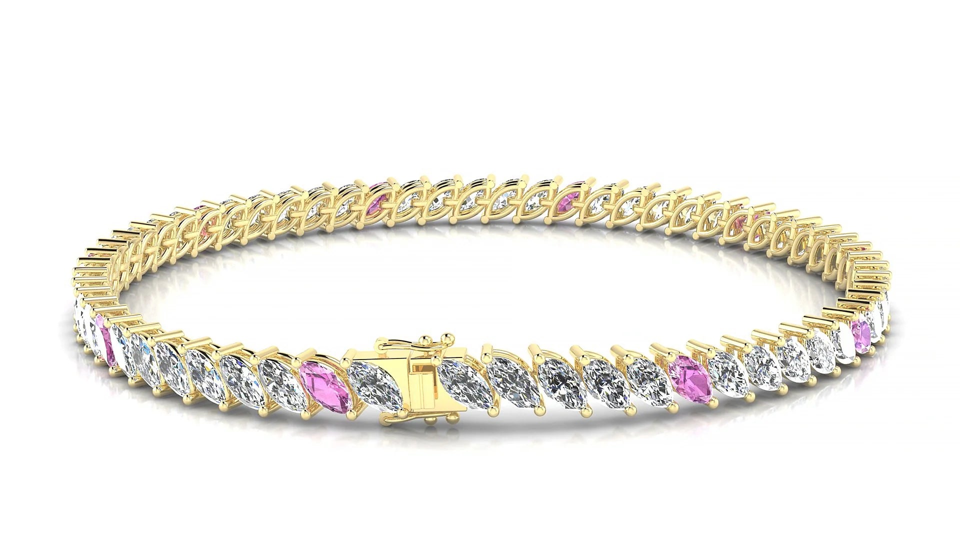 Venezia 1-5 | 18k Yellow Gold 5 x 2.5 mm Marquise Natural Pink Sapphire & Diamond 18 cm Tennis Bracelet