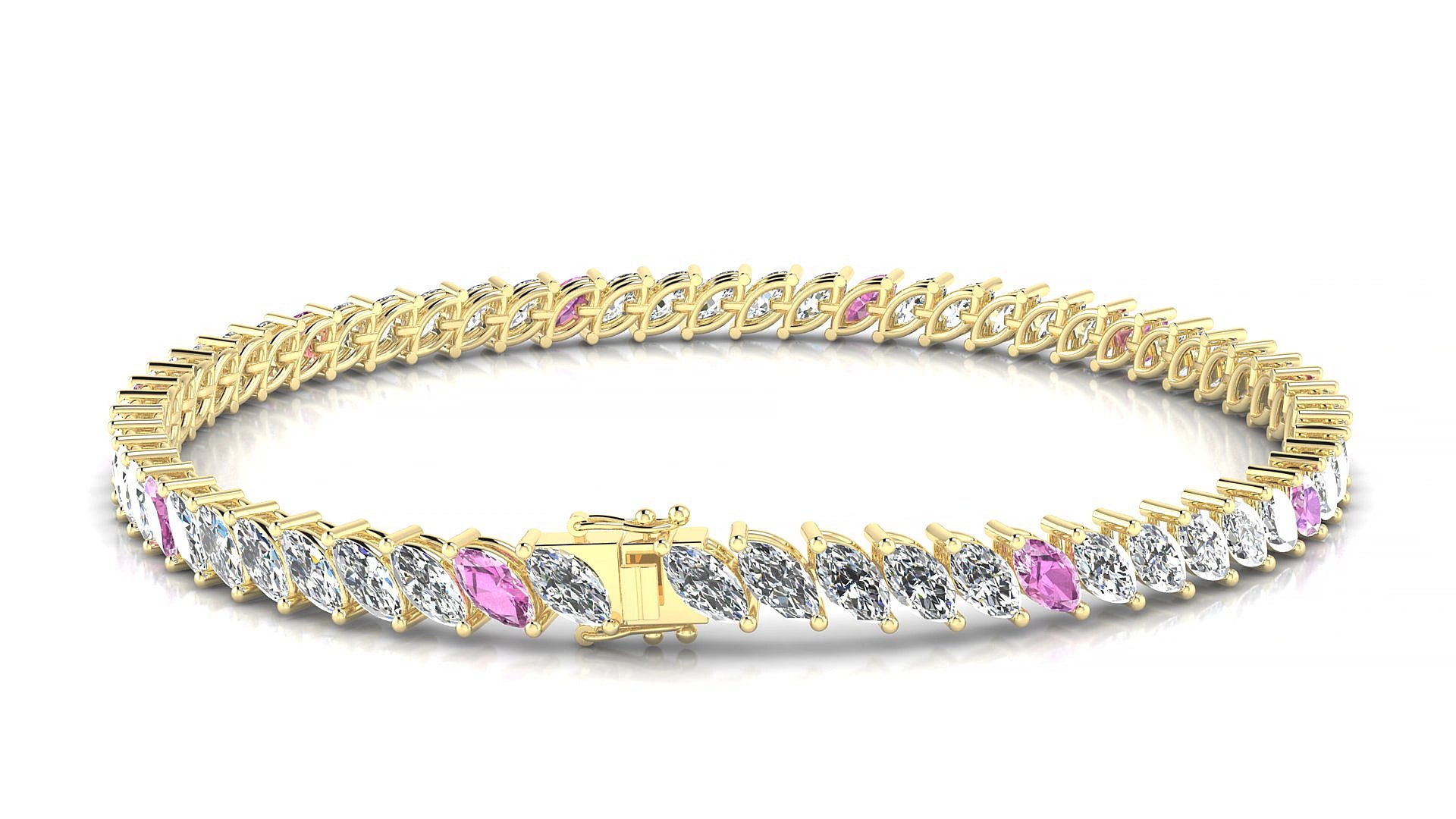 Venezia 1-5 | 18k Yellow Gold 5 x 2.5 mm Marquise Natural Pink Sapphire & Diamond 18 cm Tennis Bracelet