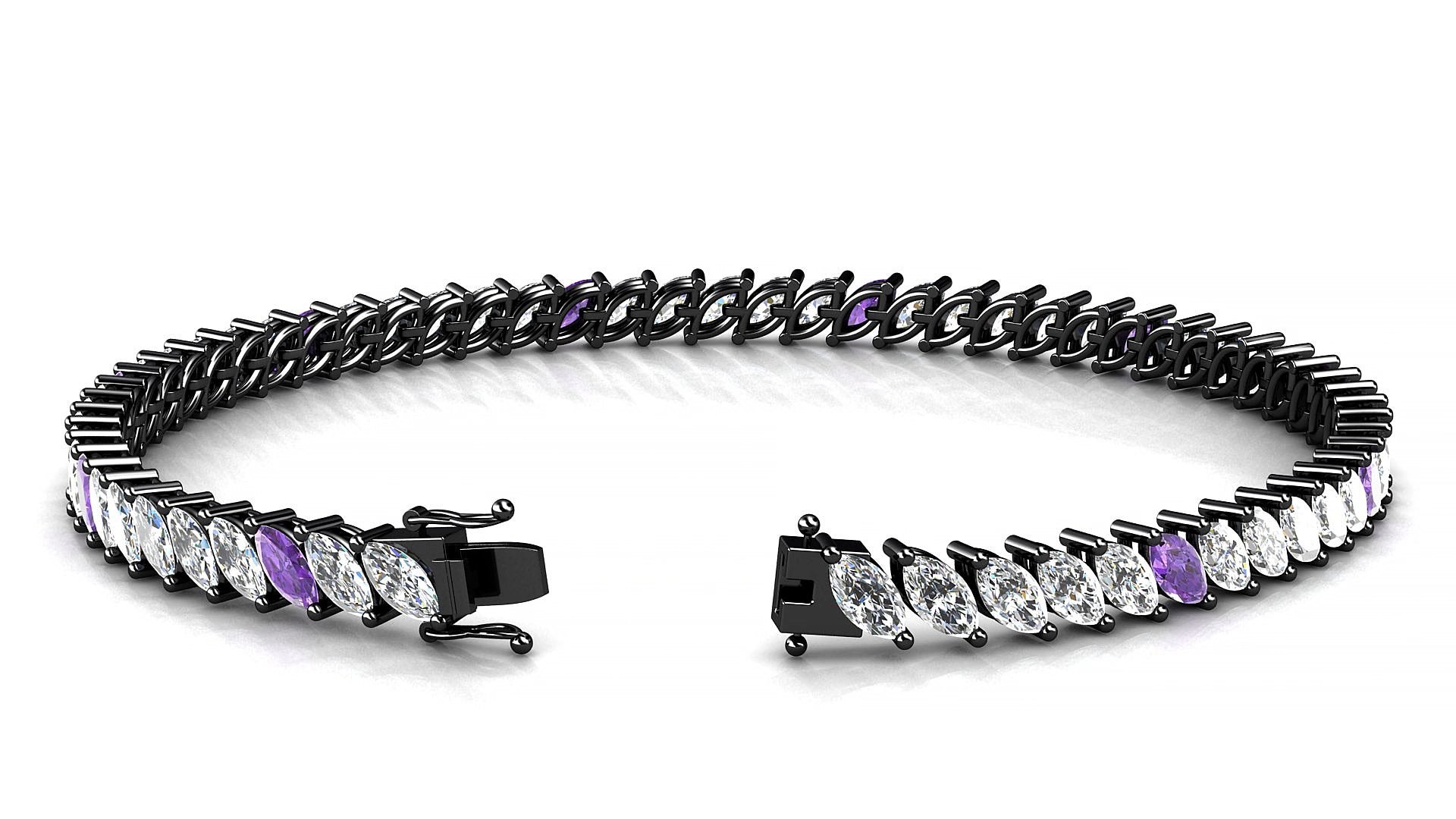 Venezia 1-5 | 18k Black Gold 5 x 2.5 mm Marquise Natural Amethyst & Diamond 18 cm Tennis Bracelet
