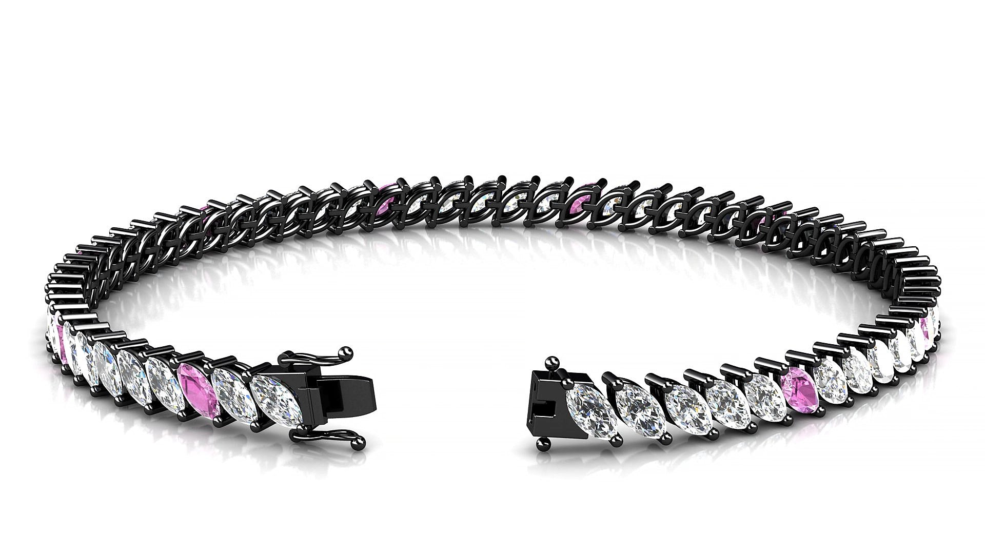 Venezia 1-5 | 18k Black Gold 5 x 2.5 mm Marquise Natural Pink Sapphire & Diamond 17 cm Tennis Bracelet