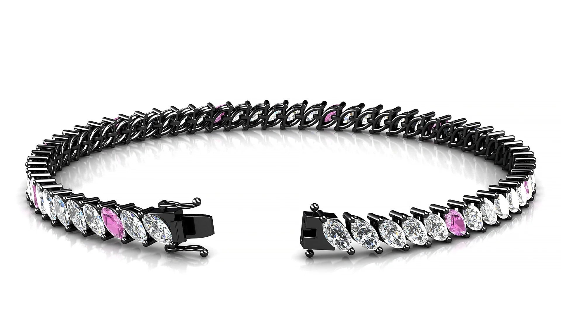 Venezia 1-5 | 18k Black Gold 5 x 2.5 mm Marquise Natural Pink Sapphire & Diamond 18 cm Tennis Bracelet