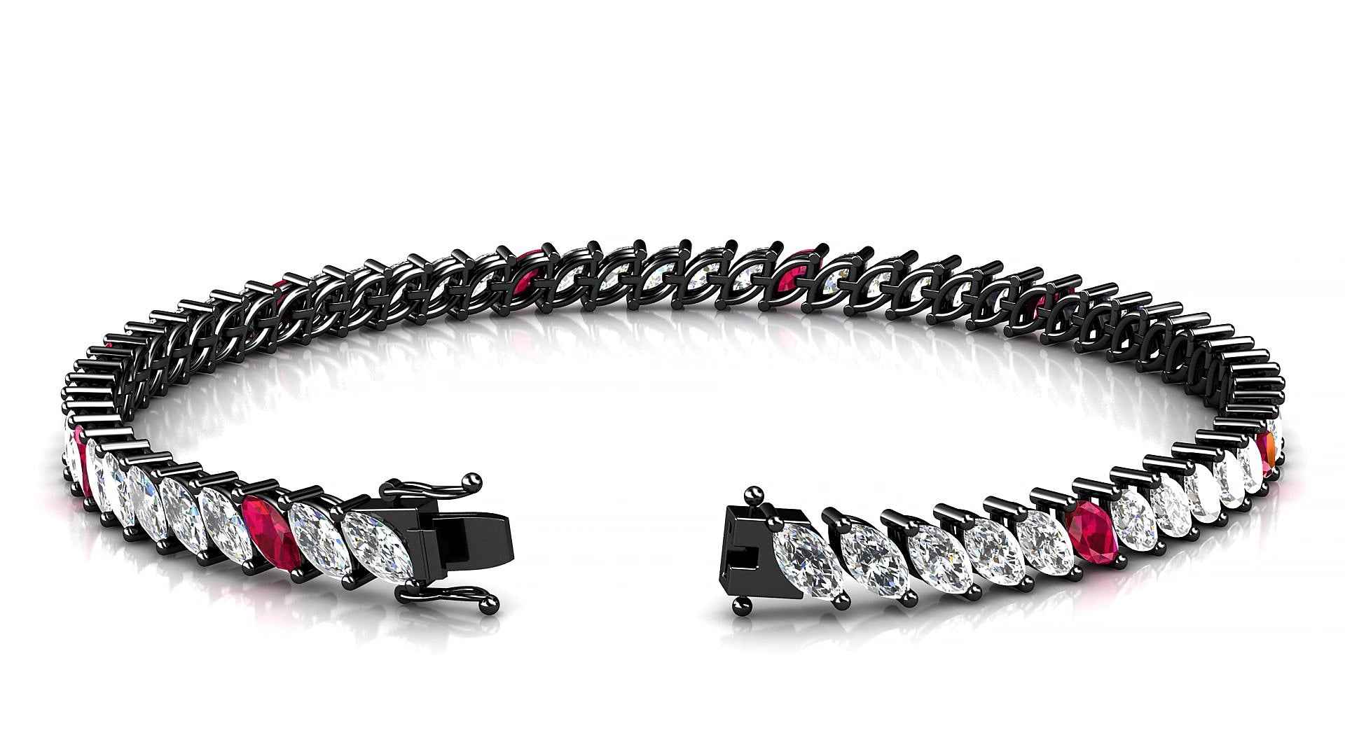 Venezia 1-5 | 18k Black Gold 5 x 2.5 mm Marquise Natural Ruby & Diamond 19 cm Tennis Bracelet