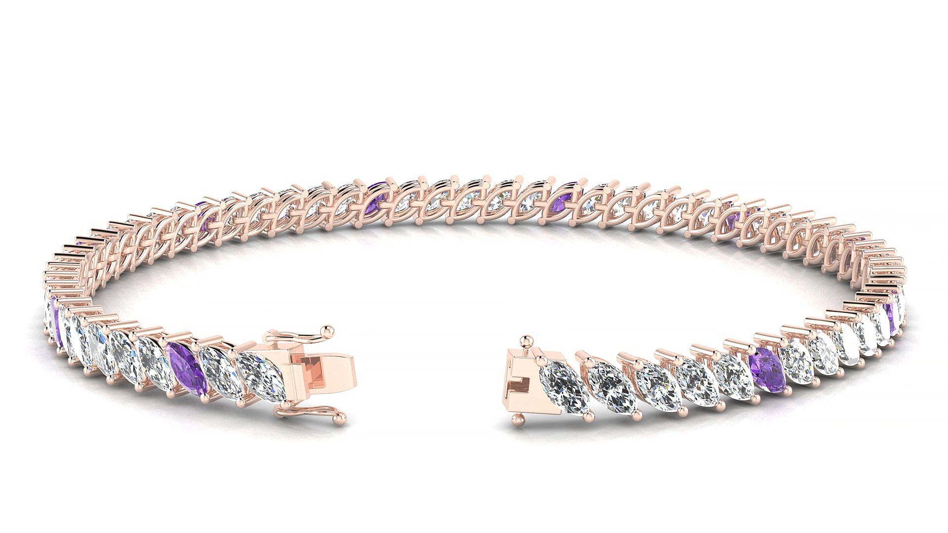 Venezia 1-5 | 18k Rose Gold 5 x 2.5 mm Marquise Natural Amethyst & Diamond 20 cm Tennis Bracelet