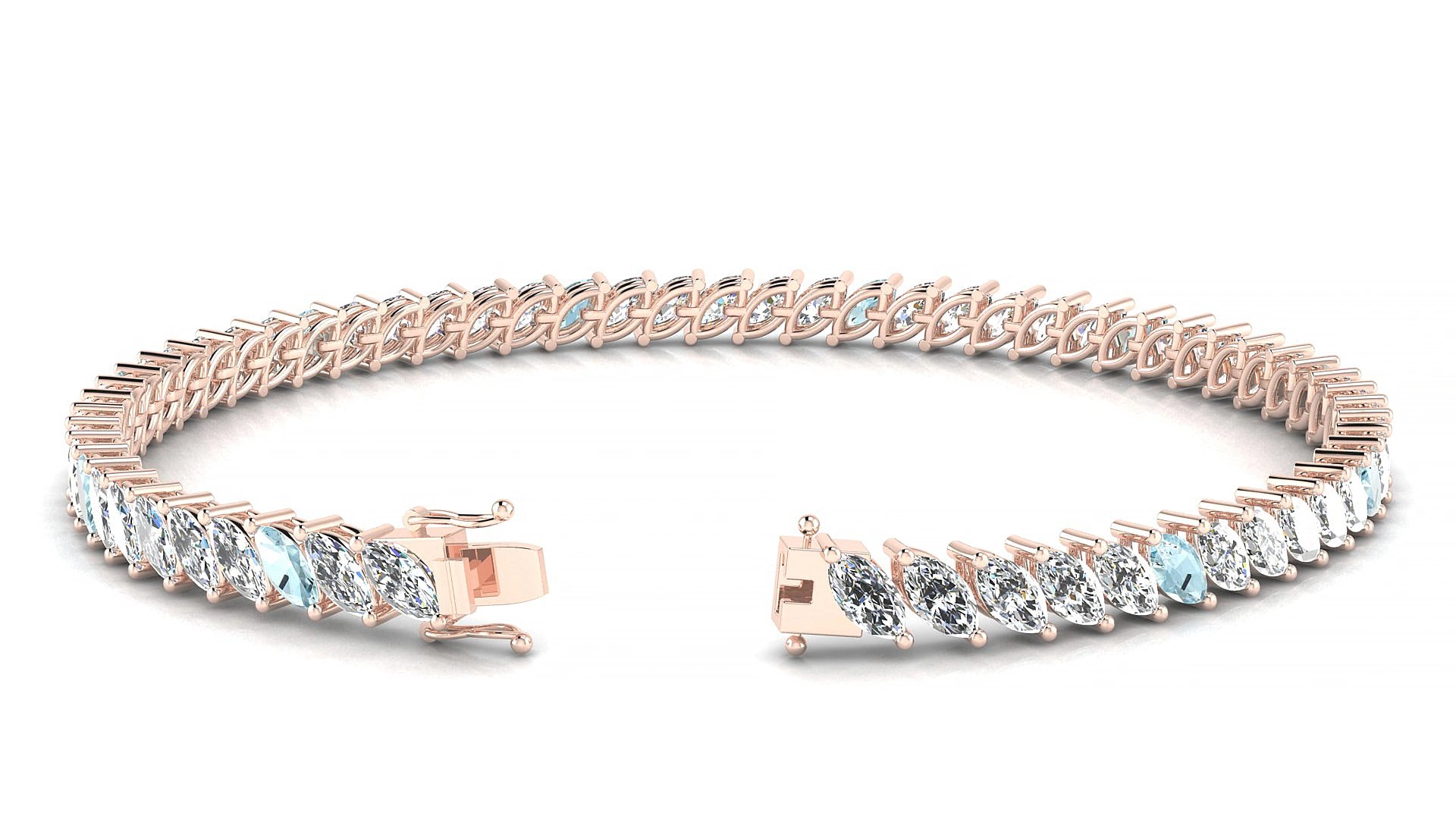 Venezia 1-5 | 18k Rose Gold 5 x 2.5 mm Marquise Natural Aquamarine & Diamond 15 cm Tennis Bracelet