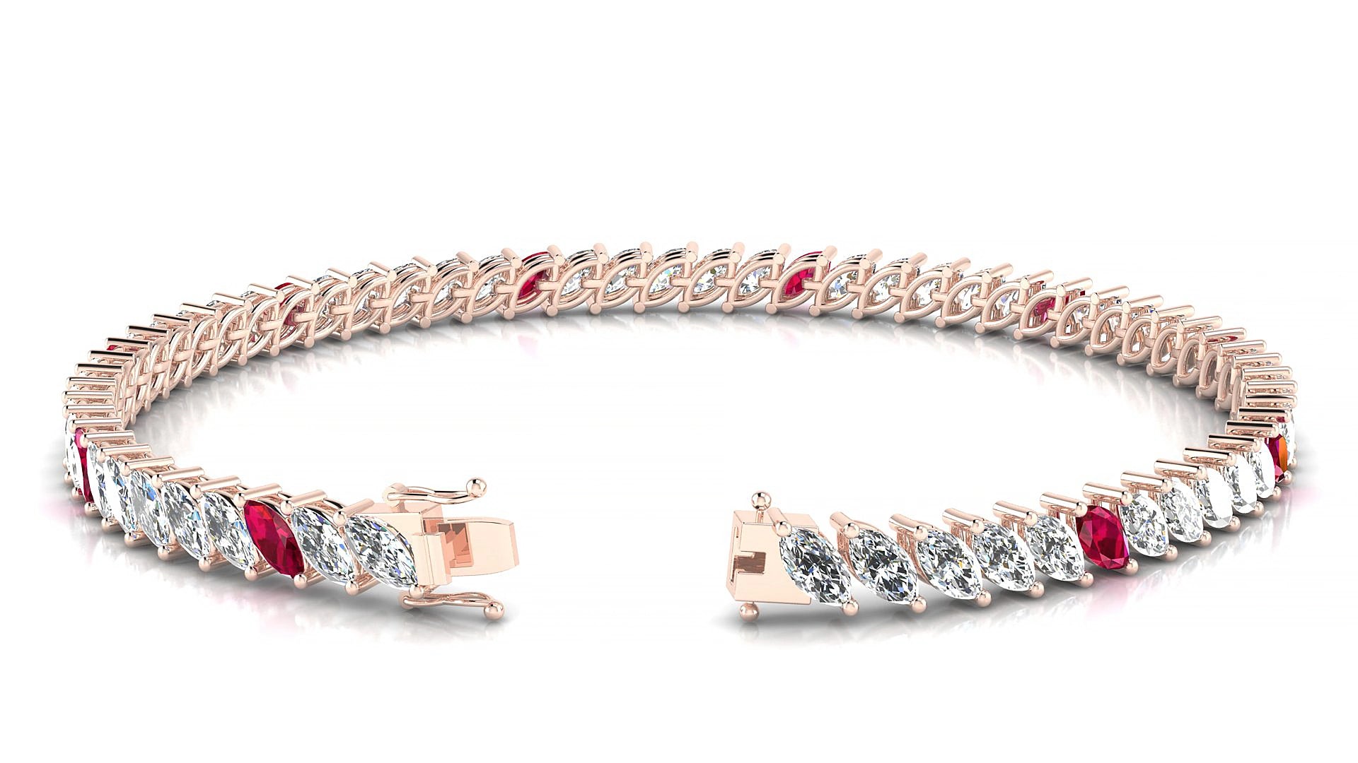 Venezia 1-5 | 18k Rose Gold 5 x 2.5 mm Marquise Natural Ruby & Diamond 19 cm Tennis Bracelet