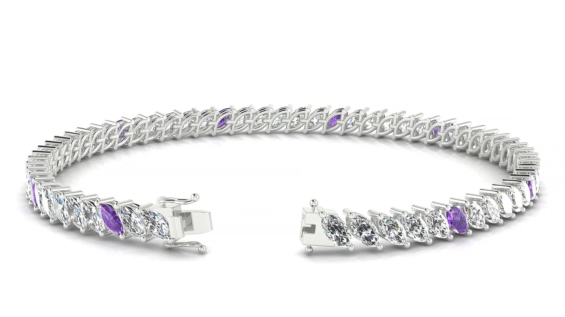 Venezia 1-5 | 18k White Gold 5 x 2.5 mm Marquise Natural Amethyst & Diamond Tennis Bracelet