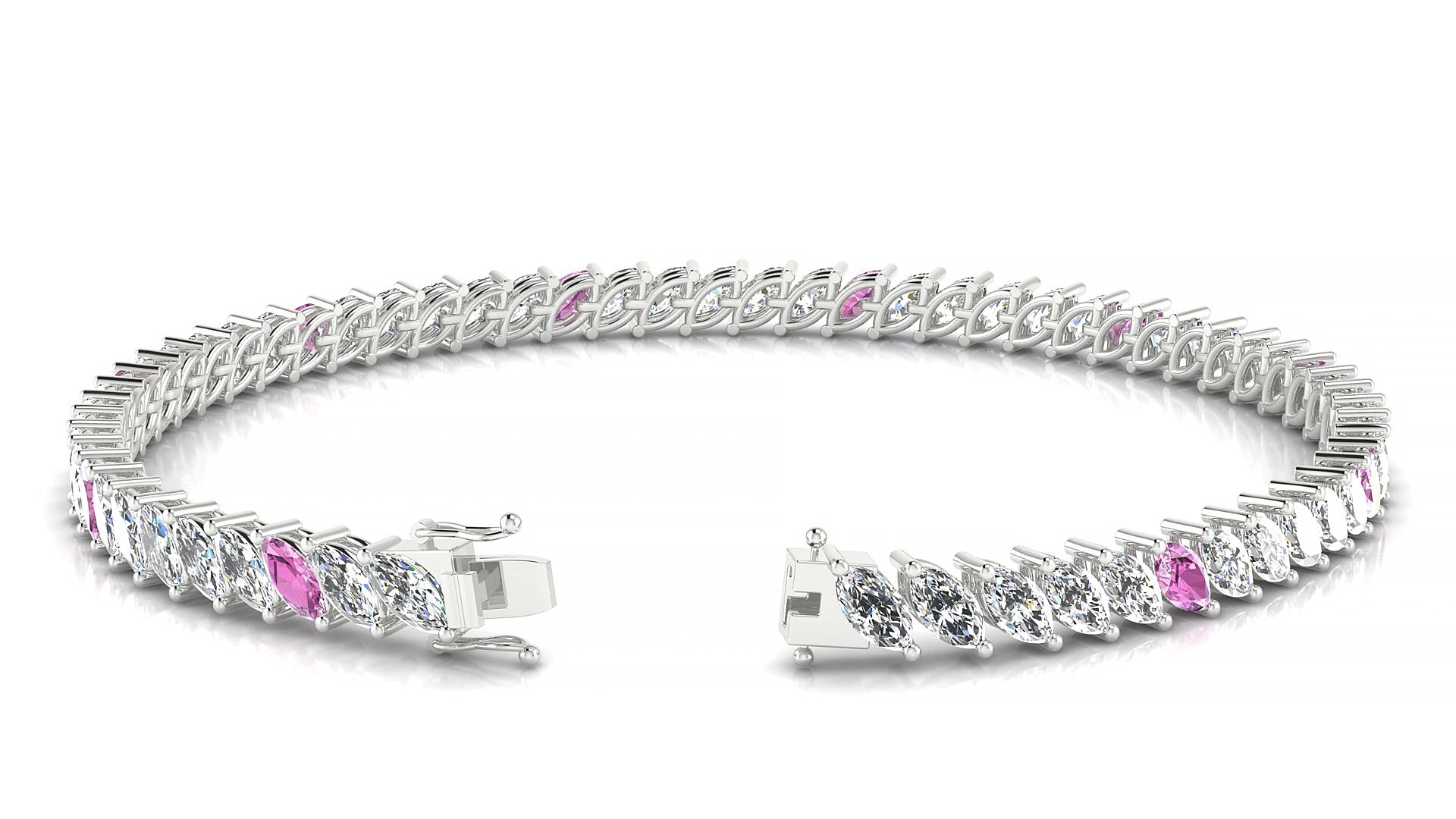 Venezia 1-5 | 18k White Gold 5 x 2.5 mm Marquise Natural Pink Sapphire & Diamond 17 cm Tennis Bracelet