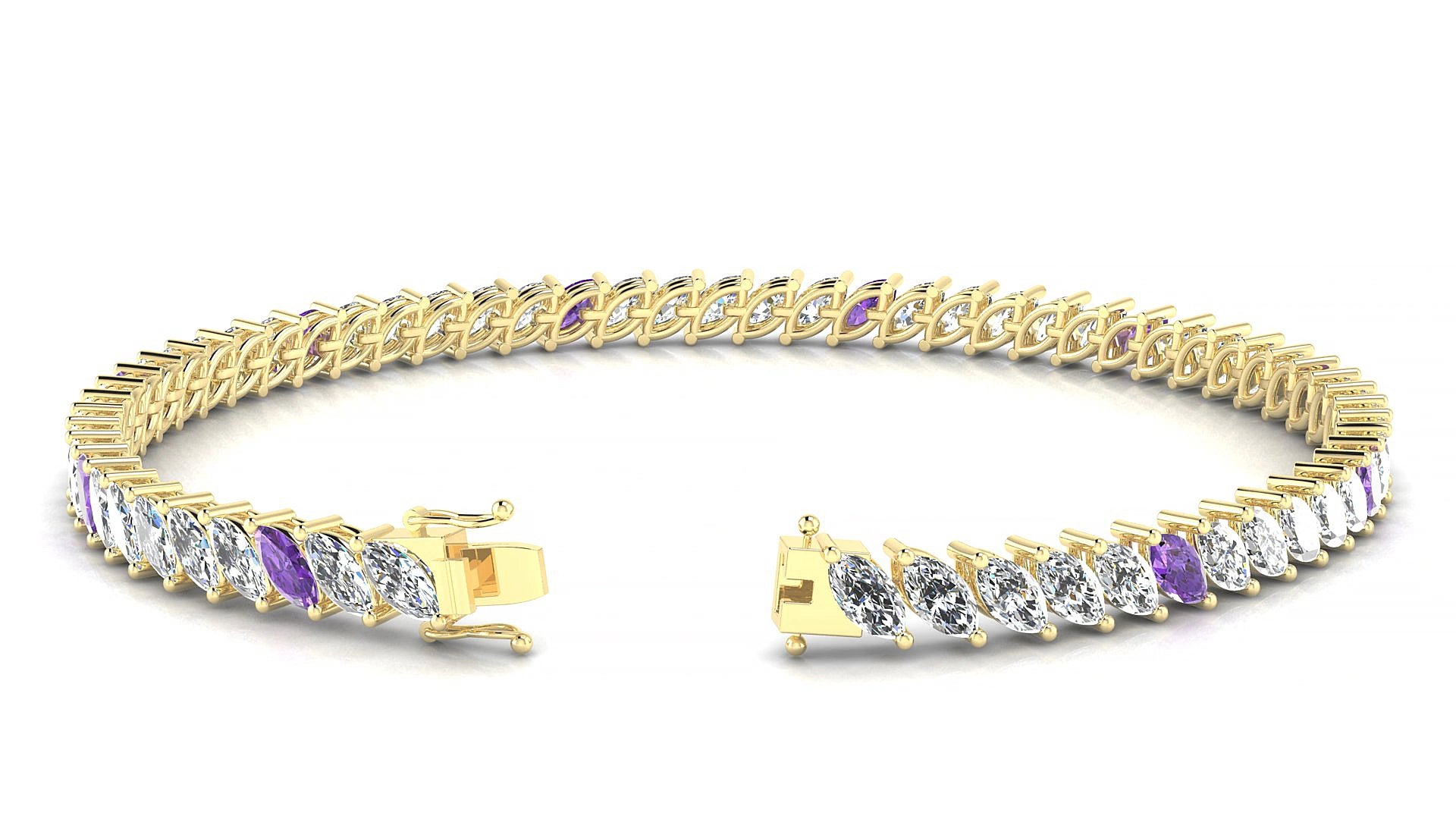 Venezia 1-5 | 18k Yellow Gold 5 x 2.5 mm Marquise Natural Amethyst & Diamond 15 cm Tennis Bracelet