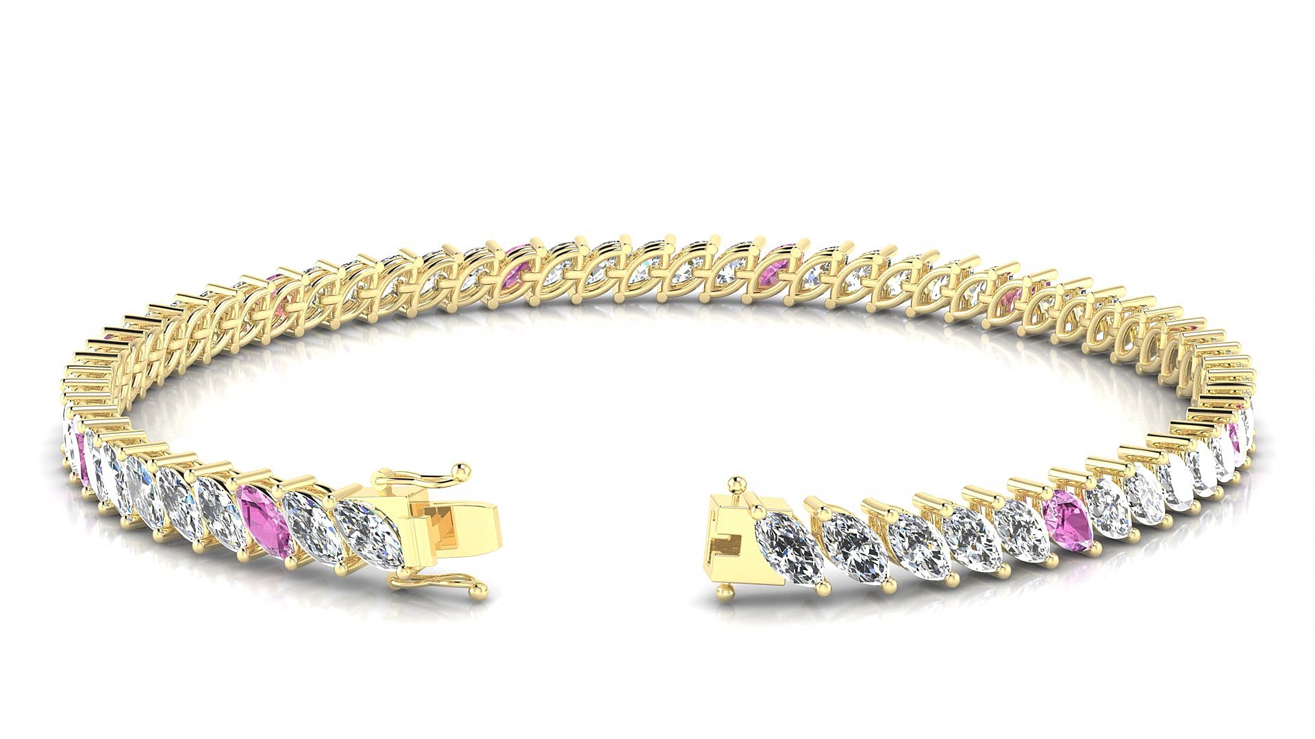 Venezia 1-5 | 18k Yellow Gold 5 x 2.5 mm Marquise Natural Pink Sapphire & Diamond 15 cm Tennis Bracelet