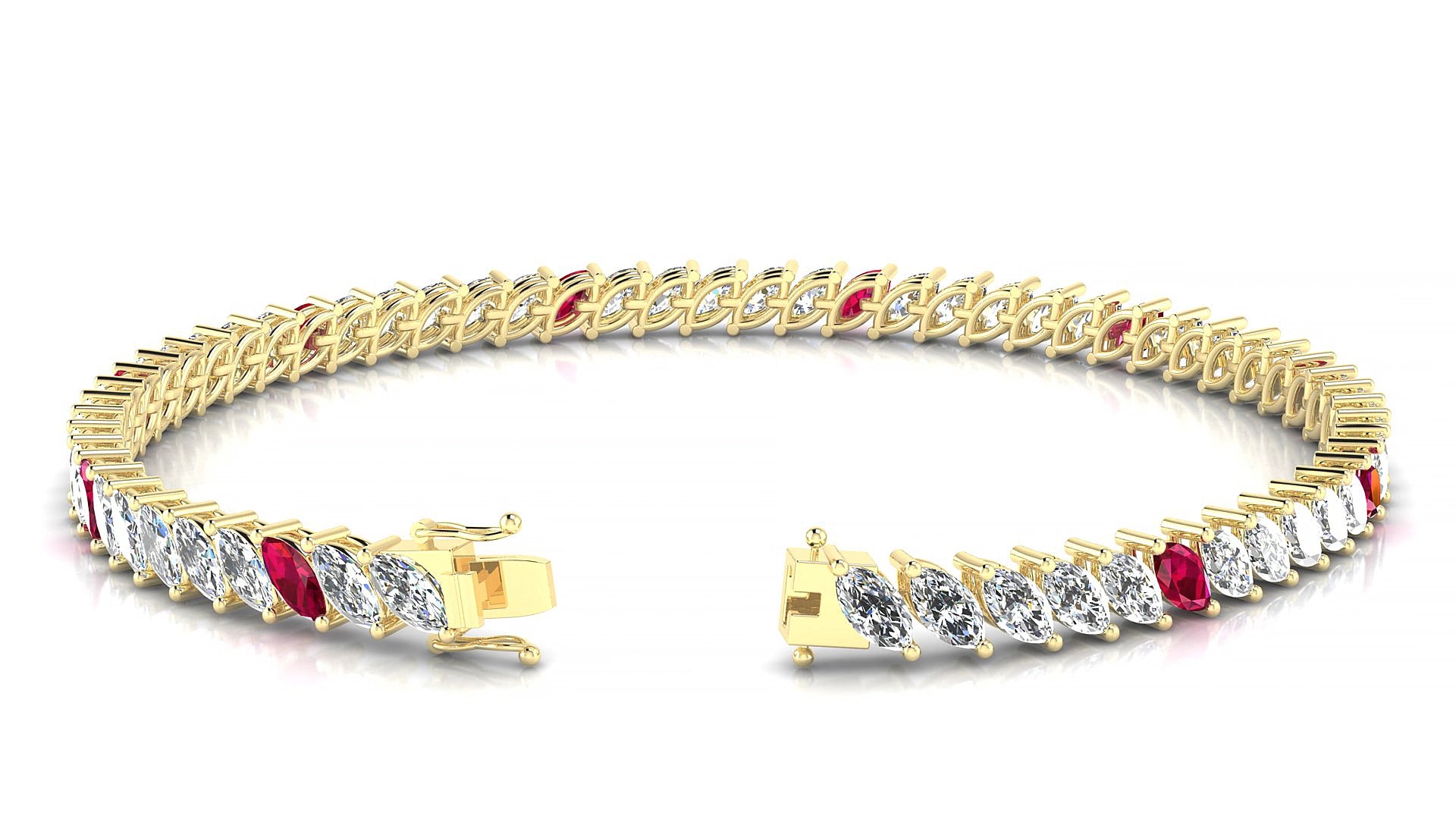 Venezia 1-5 | 18k Yellow Gold 5 x 2.5 mm Marquise Natural Ruby & Diamond 16 cm Tennis Bracelet
