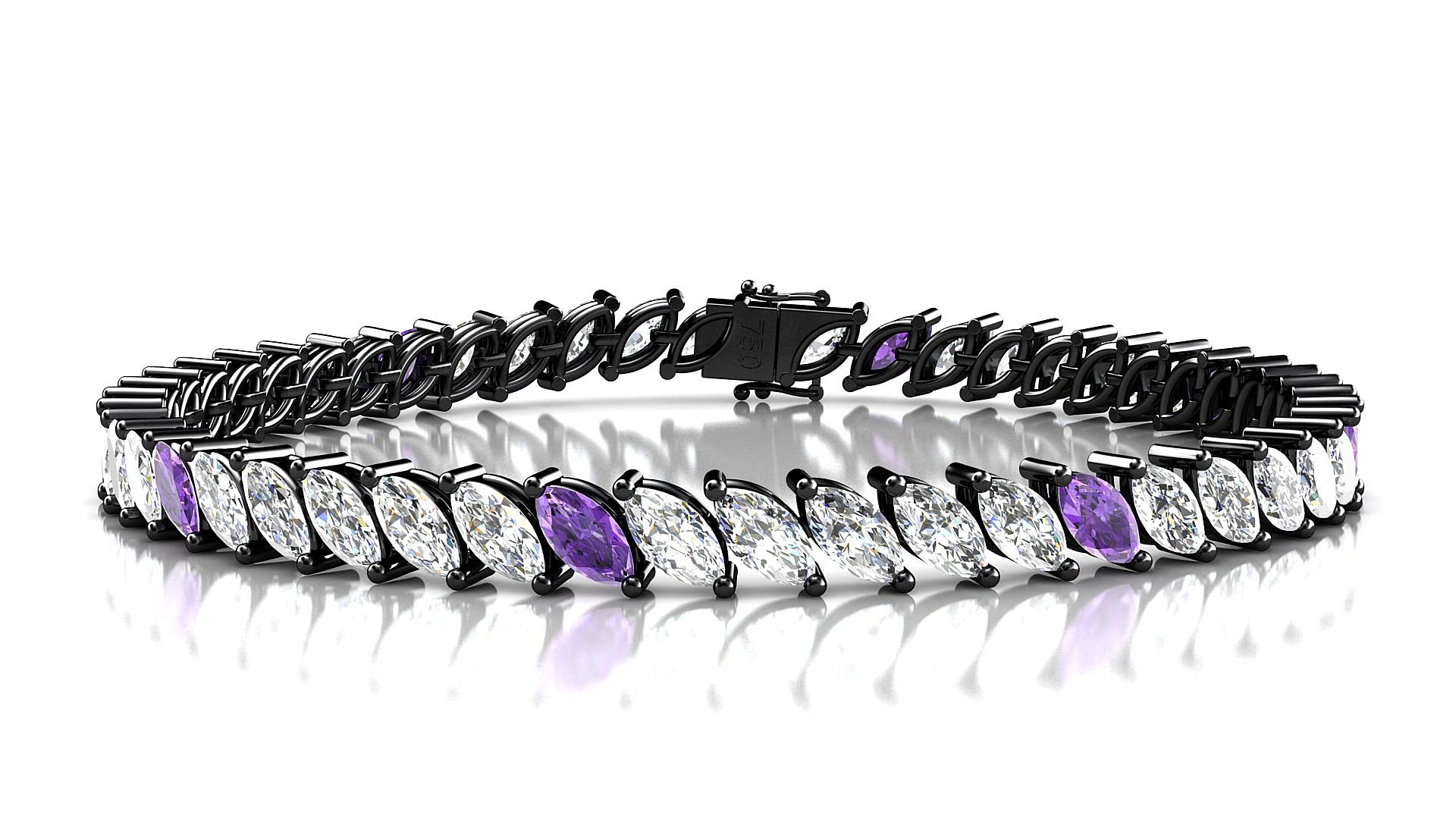 Venezia 1-5 | 18k Black Gold 6 x 3 mm Marquise Natural Amethyst & Diamond 18 cm Tennis Bracelet