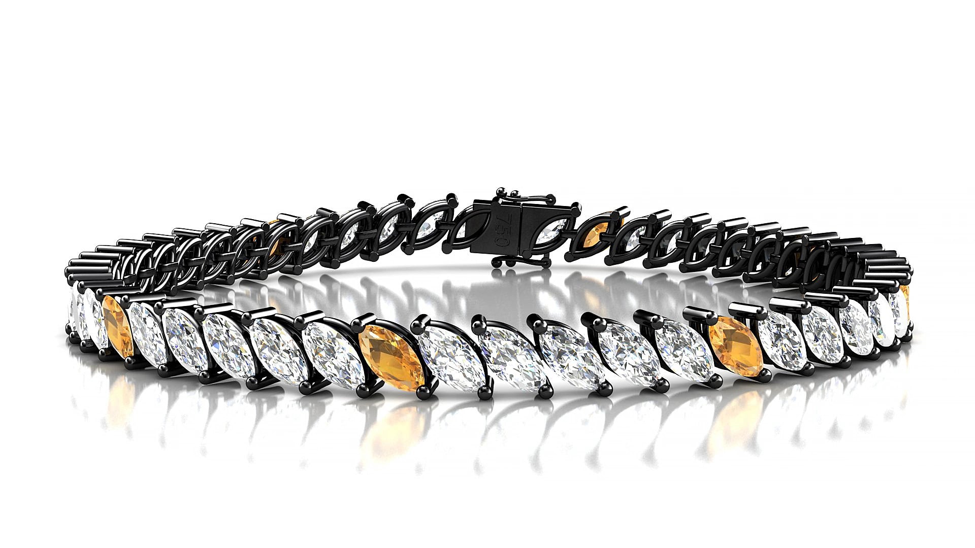 Venezia 1-5 | 18k Black Gold 6 x 3 mm Marquise Natural Citrine & Diamond 15 cm Tennis Bracelet