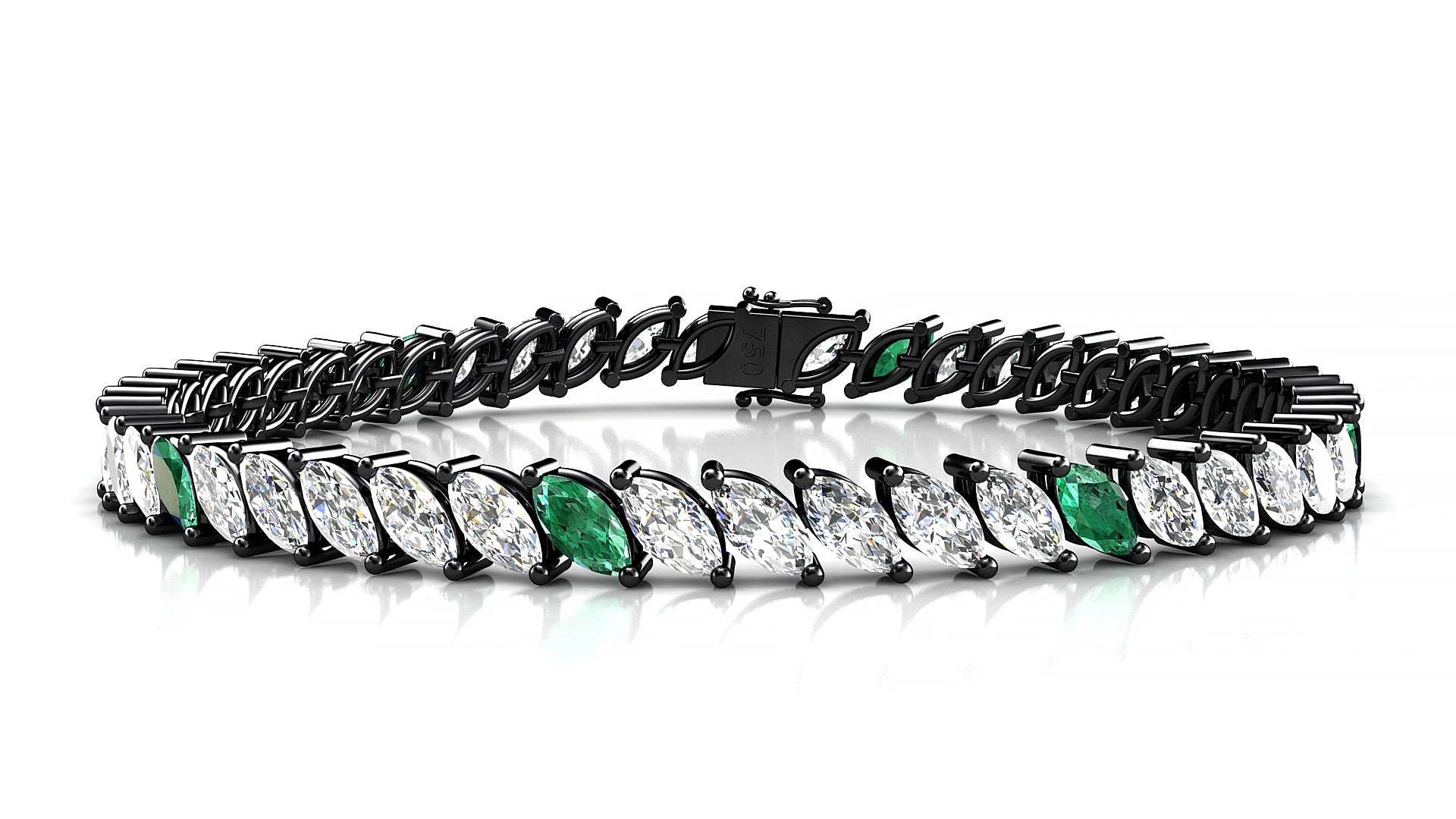 Venezia 1-5 | 18k Black Gold 6 x 3 mm Marquise Natural Emerald & Diamond 15 cm Tennis Bracelet