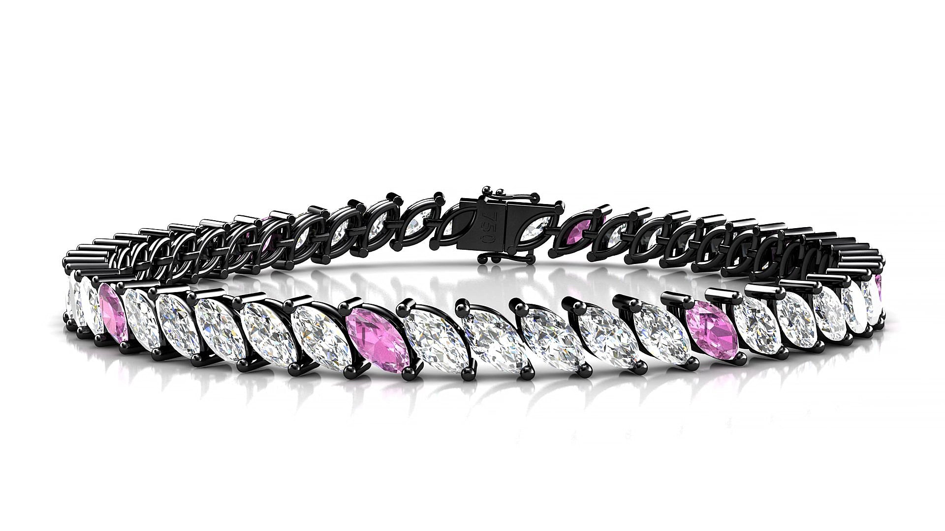 Venezia 1-5 | 18k Black Gold 6 x 3 mm Marquise Natural Pink Sapphire & Diamond 18 cm Tennis Bracelet