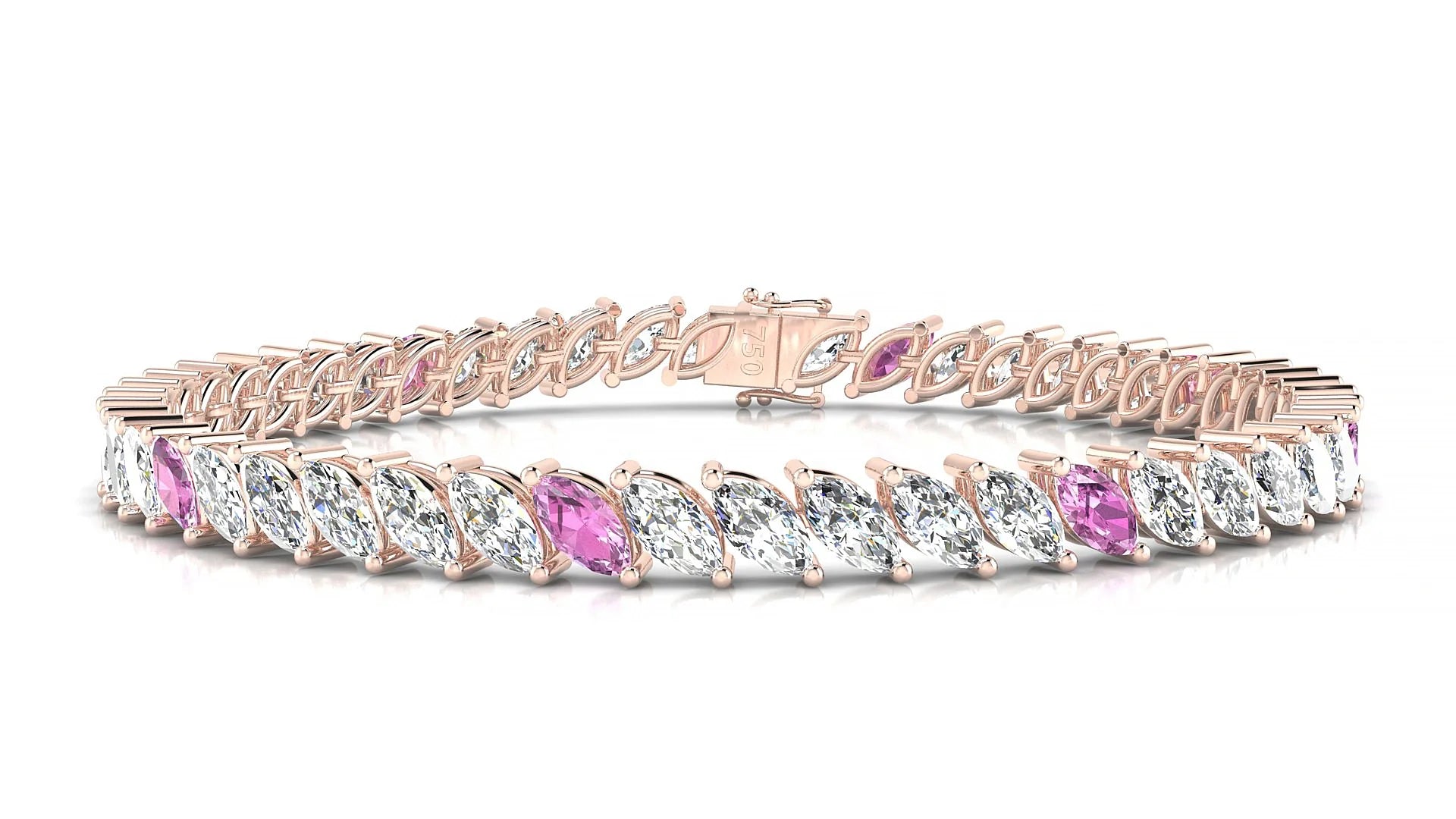 Venezia 1-5 | 18k Rose Gold 6 x 3 mm Marquise Natural Pink Sapphire & Diamond 18 cm Tennis Bracelet