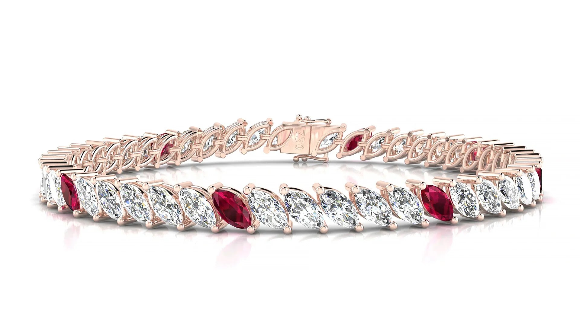 Venezia 1-5 | 18k Rose Gold 6 x 3 mm Marquise Natural Ruby & Diamond 18 cm Tennis Bracelet